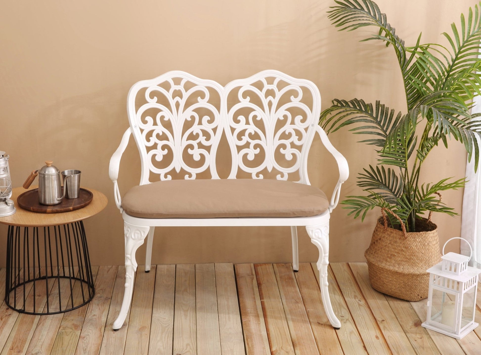 Patio Garden Bench Metal Park Bench Cast Aluminum Outdoor Furniture with Floral Rose for Patio,Park,Lawn,Yard with cushion white - 1st Choice Furniture Direct