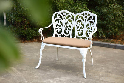 Patio Garden Bench Metal Park Bench Cast Aluminum Outdoor Furniture with Floral Rose for Patio,Park,Lawn,Yard with cushion white - 1st Choice Furniture Direct