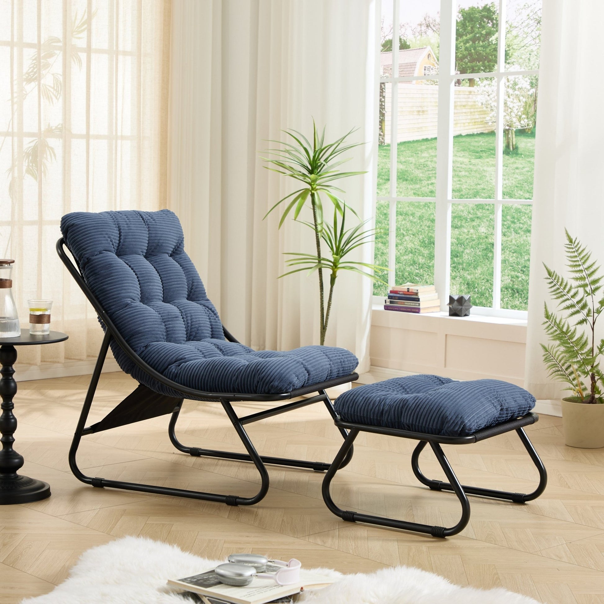 Patio Outdoor Lounge Chair with Ottoman, Comfy Sling Recliner Chair with Puffy Cushion and Foot Stool, Ideal for Living Room, Bedroom, Reading Room, Black frame with navy blue cushion - 1st Choice Furniture Direct