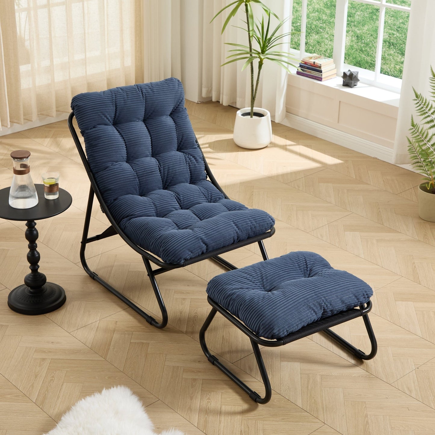 Patio Outdoor Lounge Chair with Ottoman, Comfy Sling Recliner Chair with Puffy Cushion and Foot Stool, Ideal for Living Room, Bedroom, Reading Room, Black frame with navy blue cushion - 1st Choice Furniture Direct