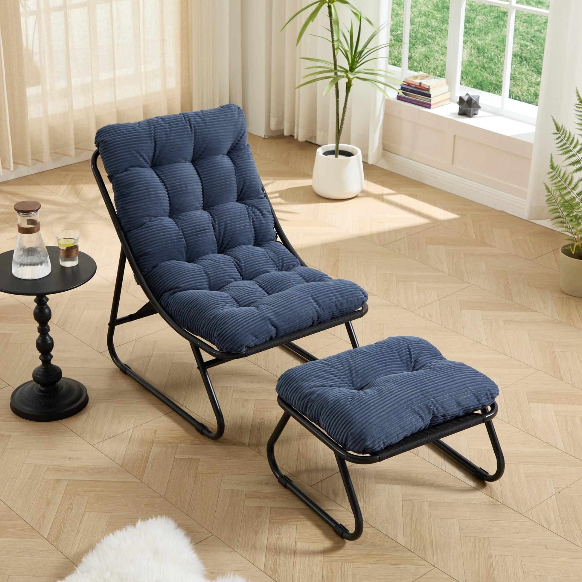 Patio Outdoor Lounge Chair with Ottoman, Comfy Sling Recliner Chair with Puffy Cushion and Foot Stool, Ideal for Living Room, Bedroom, Reading Room, Black frame with navy blue cushion - 1st Choice Furniture Direct
