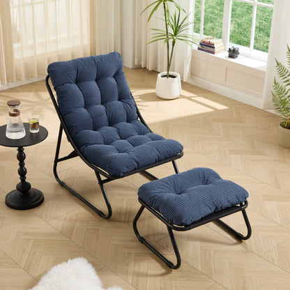 Patio Outdoor Lounge Chair with Ottoman, Comfy Sling Recliner Chair with Puffy Cushion and Foot Stool, Ideal for Living Room, Bedroom, Reading Room, Black frame with navy blue cushion - 1st Choice Furniture Direct
