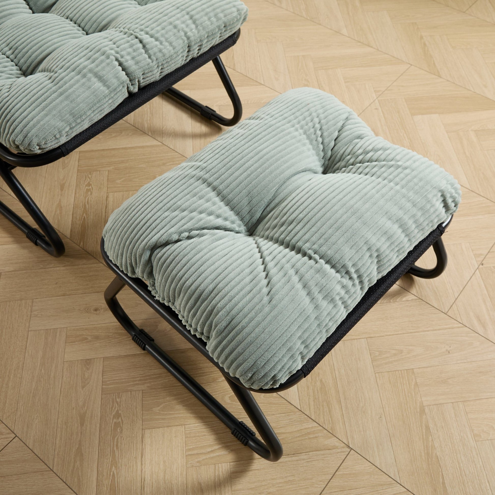 Patio Outdoor Lounge Chair with Ottoman, Comfy Sling Recliner Chair with Puffy Cushion and Foot Stool, Ideal for Living Room, Bedroom, Reading Room, Black frame with light green Cushion - 1st Choice Furniture Direct