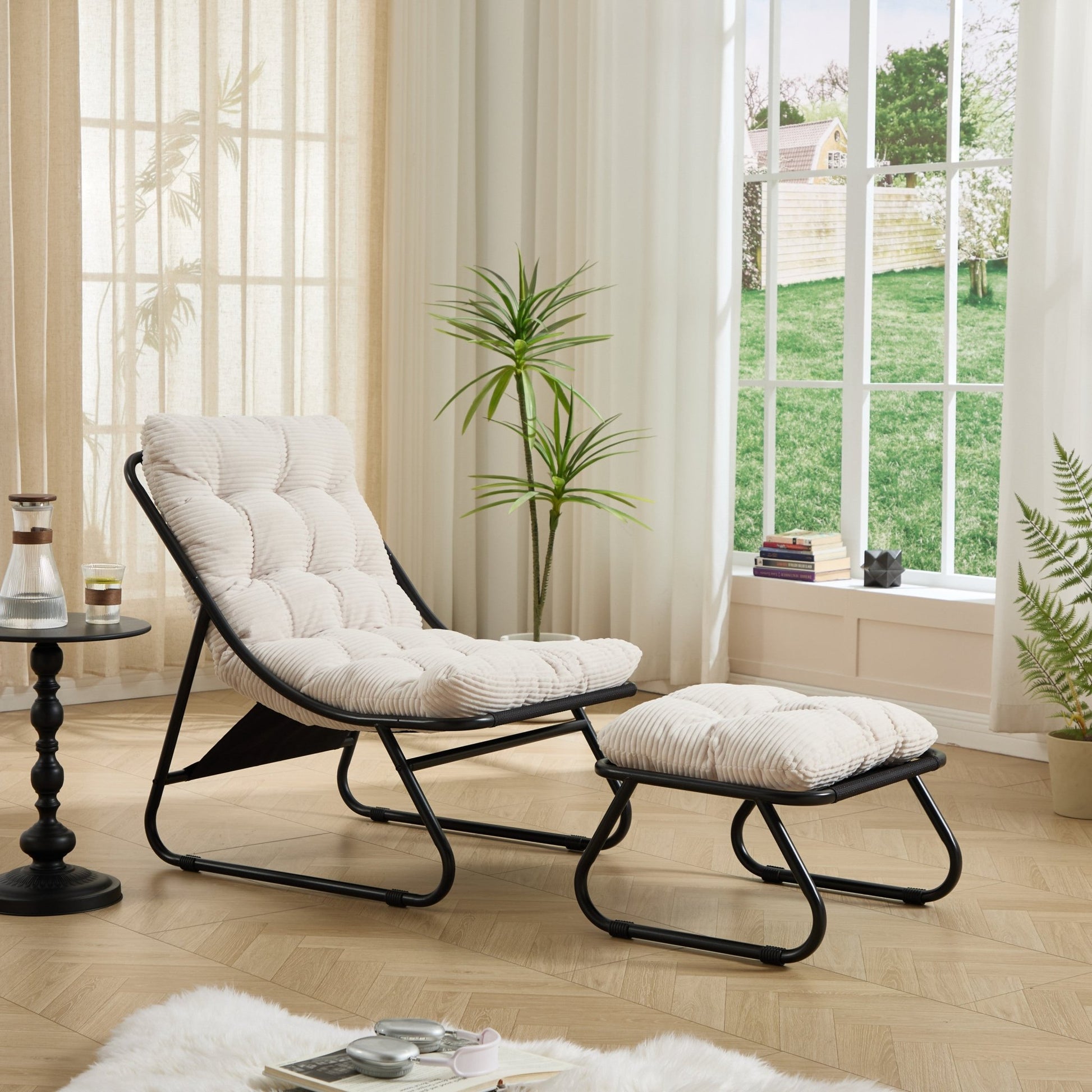 Patio Outdoor Lounge Chair with Ottoman, Comfy Sling Recliner Chair with Puffy Cushion and Foot Stool, Ideal for Living Room, Bedroom, Reading Room, Black frame with white cushion - 1st Choice Furniture Direct