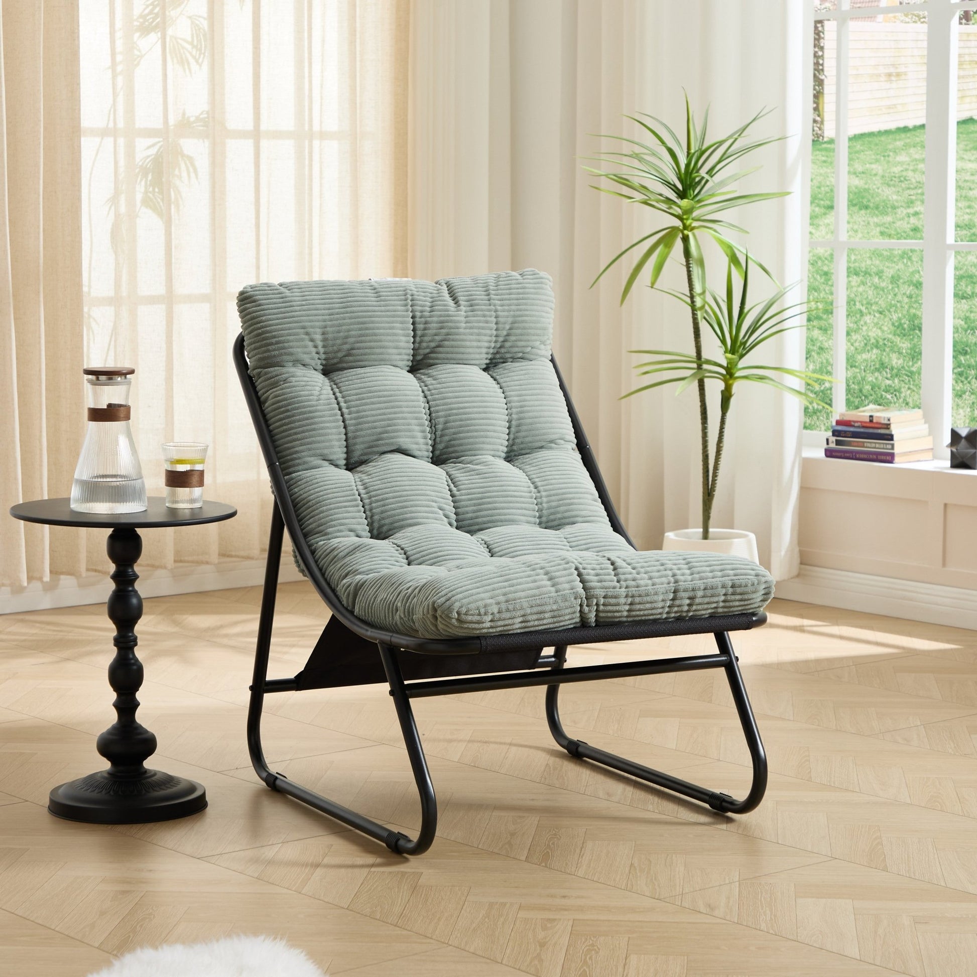 Patio Outdoor Lounge Chair with Ottoman, Comfy Sling Recliner Chair with Puffy Cushion and Foot Stool, Ideal for Living Room, Bedroom, Reading Room, Black frame with light green Cushion - 1st Choice Furniture Direct