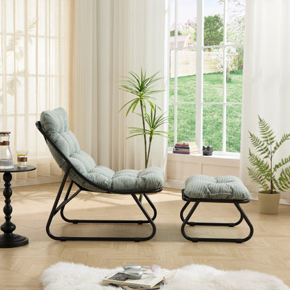 Patio Outdoor Lounge Chair with Ottoman, Comfy Sling Recliner Chair with Puffy Cushion and Foot Stool, Ideal for Living Room, Bedroom, Reading Room, Black frame with light green Cushion - 1st Choice Furniture Direct