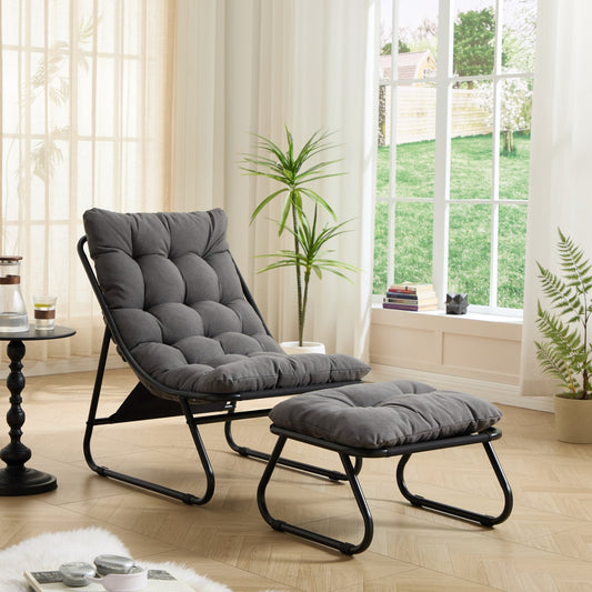Patio Outdoor Lounge Chair with Ottoman, Comfy Sling Recliner Chair with Puffy Cushion and Foot Stool, Ideal for Living Room, Bedroom, Reading Room, Black frame with grey cushion - 1st Choice Furniture Direct
