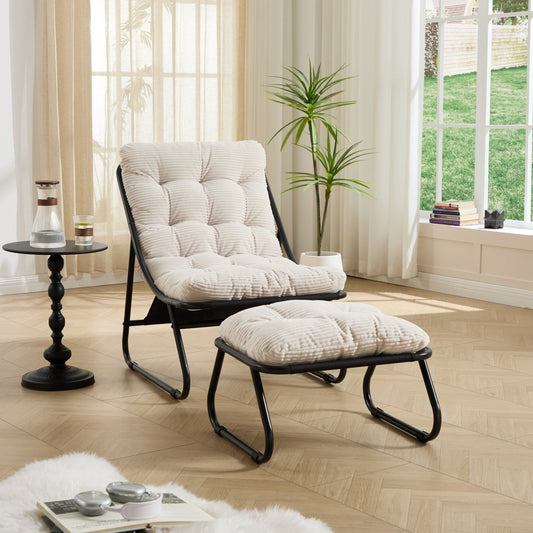 Patio Outdoor Lounge Chair with Ottoman, Comfy Sling Recliner Chair with Puffy Cushion and Foot Stool, Ideal for Living Room, Bedroom, Reading Room, Black frame with white cushion - 1st Choice Furniture Direct
