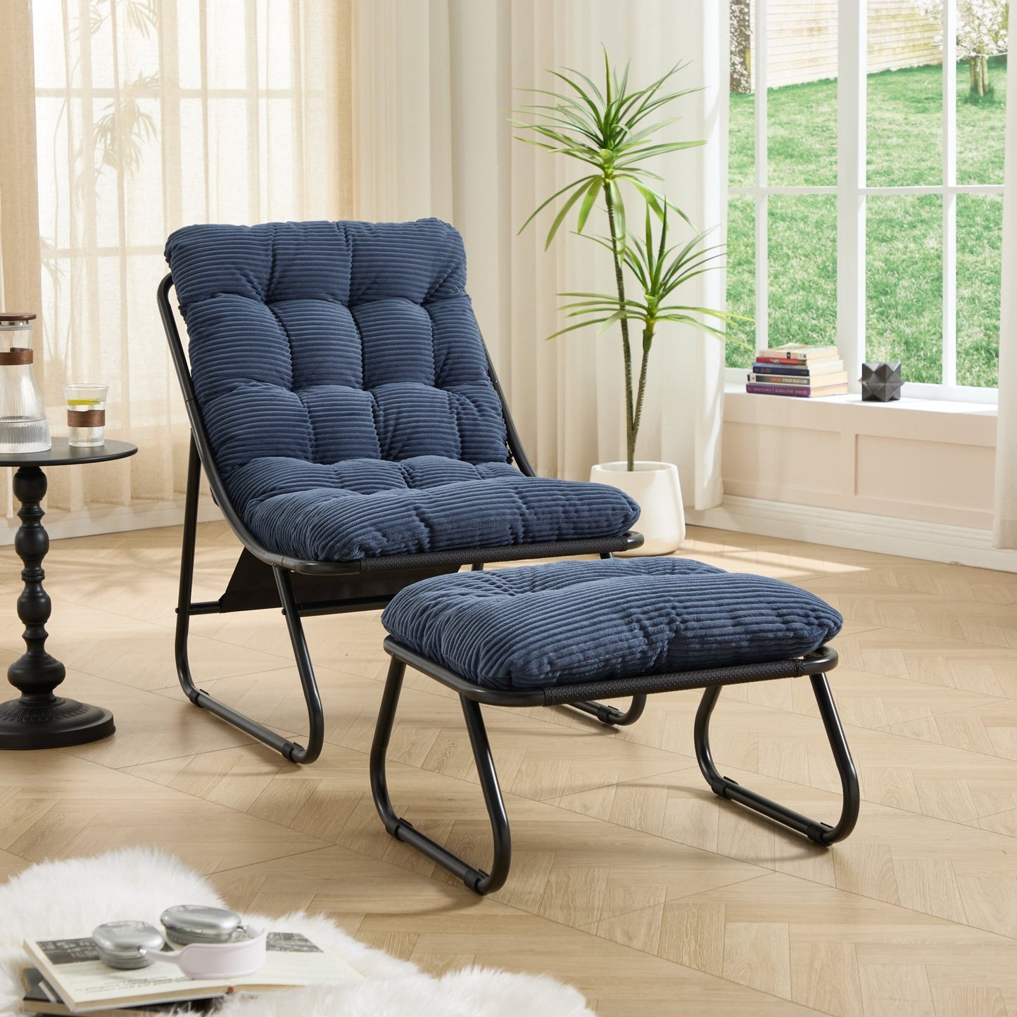 Patio Outdoor Lounge Chair with Ottoman, Comfy Sling Recliner Chair with Puffy Cushion and Foot Stool, Ideal for Living Room, Bedroom, Reading Room, Black frame with navy blue cushion - 1st Choice Furniture Direct