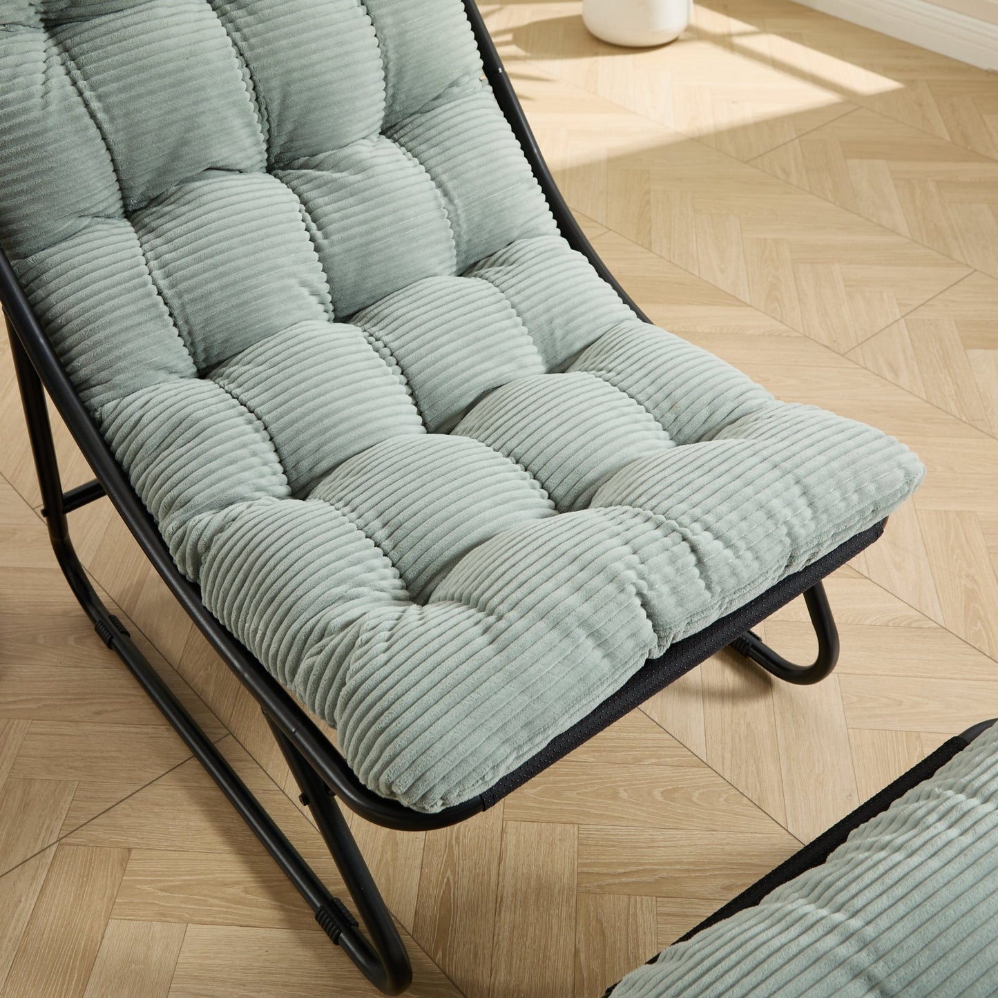 Patio Outdoor Lounge Chair with Ottoman, Comfy Sling Recliner Chair with Puffy Cushion and Foot Stool, Ideal for Living Room, Bedroom, Reading Room, Black frame with light green Cushion - 1st Choice Furniture Direct