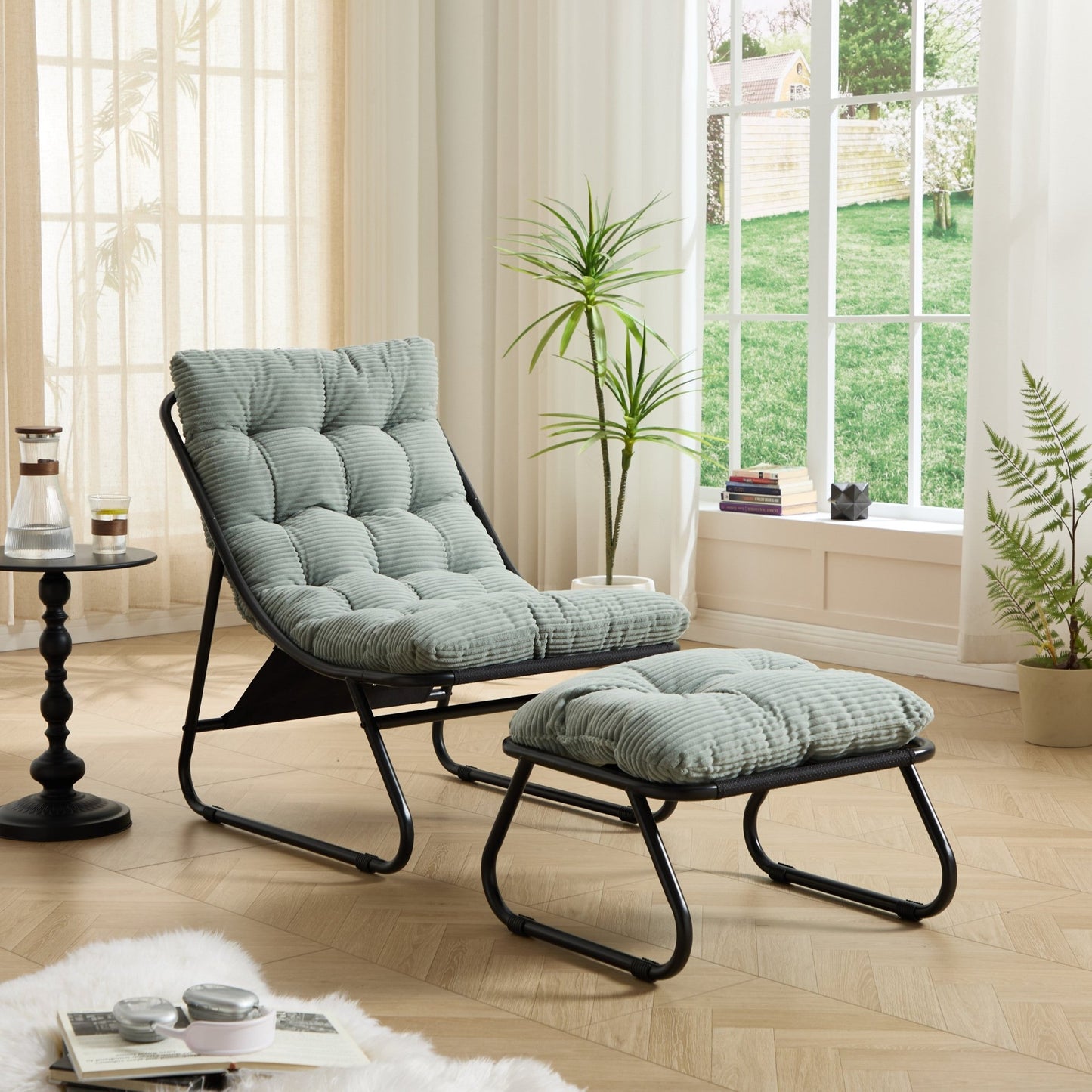 Patio Outdoor Lounge Chair with Ottoman, Comfy Sling Recliner Chair with Puffy Cushion and Foot Stool, Ideal for Living Room, Bedroom, Reading Room, Black frame with light green Cushion - 1st Choice Furniture Direct