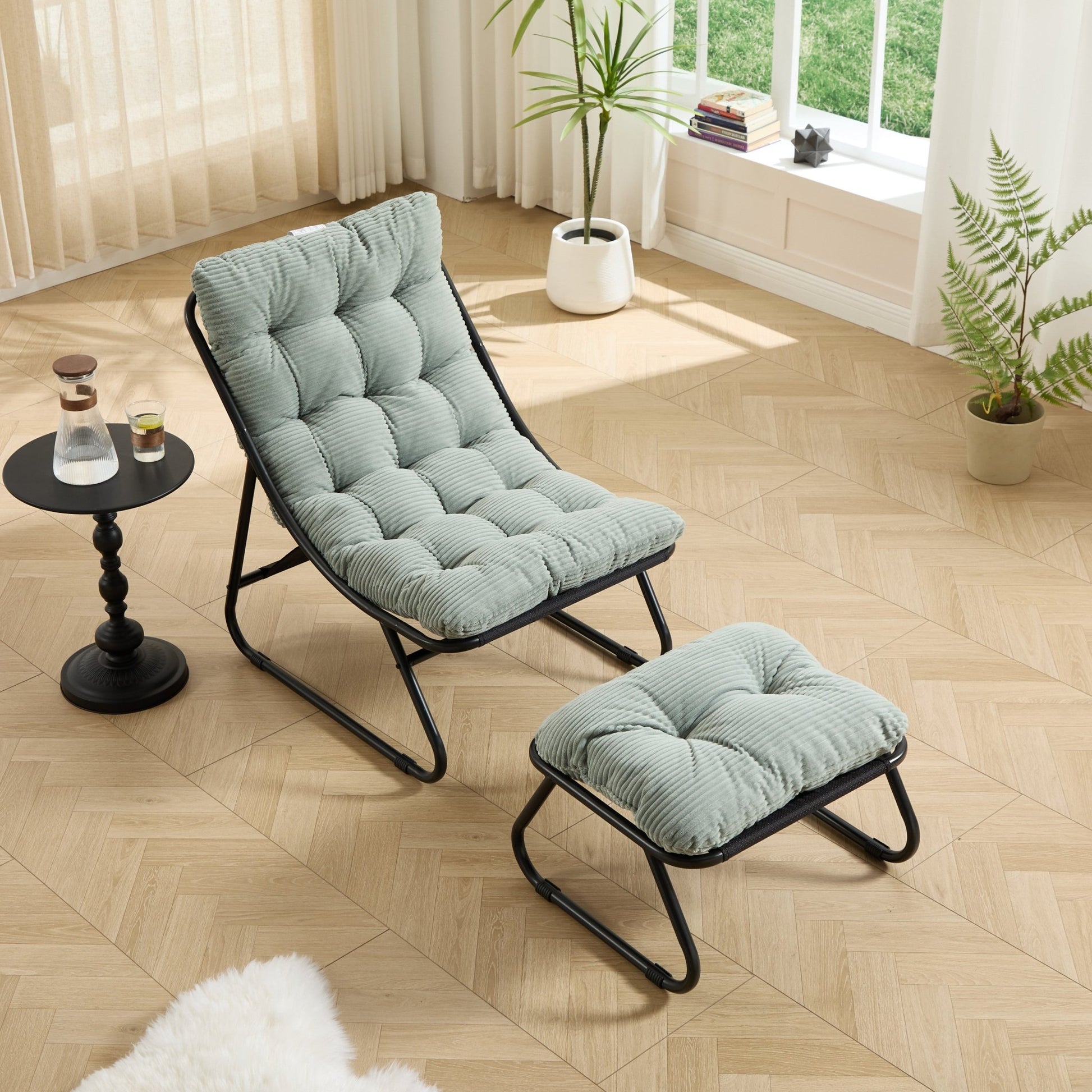 Patio Outdoor Lounge Chair with Ottoman, Comfy Sling Recliner Chair with Puffy Cushion and Foot Stool, Ideal for Living Room, Bedroom, Reading Room, Black frame with light green Cushion - 1st Choice Furniture Direct