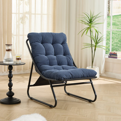Patio Outdoor Lounge Chair with Ottoman, Comfy Sling Recliner Chair with Puffy Cushion and Foot Stool, Ideal for Living Room, Bedroom, Reading Room, Black frame with navy blue cushion - 1st Choice Furniture Direct