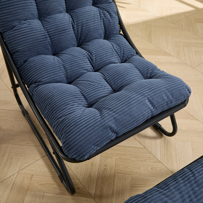 Patio Outdoor Lounge Chair with Ottoman, Comfy Sling Recliner Chair with Puffy Cushion and Foot Stool, Ideal for Living Room, Bedroom, Reading Room, Black frame with navy blue cushion - 1st Choice Furniture Direct