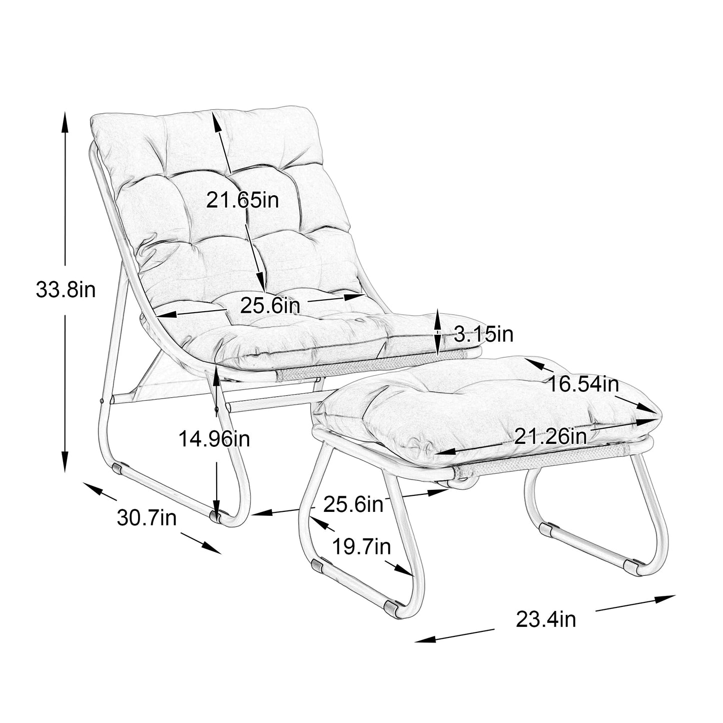 Patio Outdoor Lounge Chair with Ottoman, Comfy Sling Recliner Chair with Puffy Cushion and Foot Stool, Ideal for Living Room, Bedroom, Reading Room, Black frame with white cushion - 1st Choice Furniture Direct
