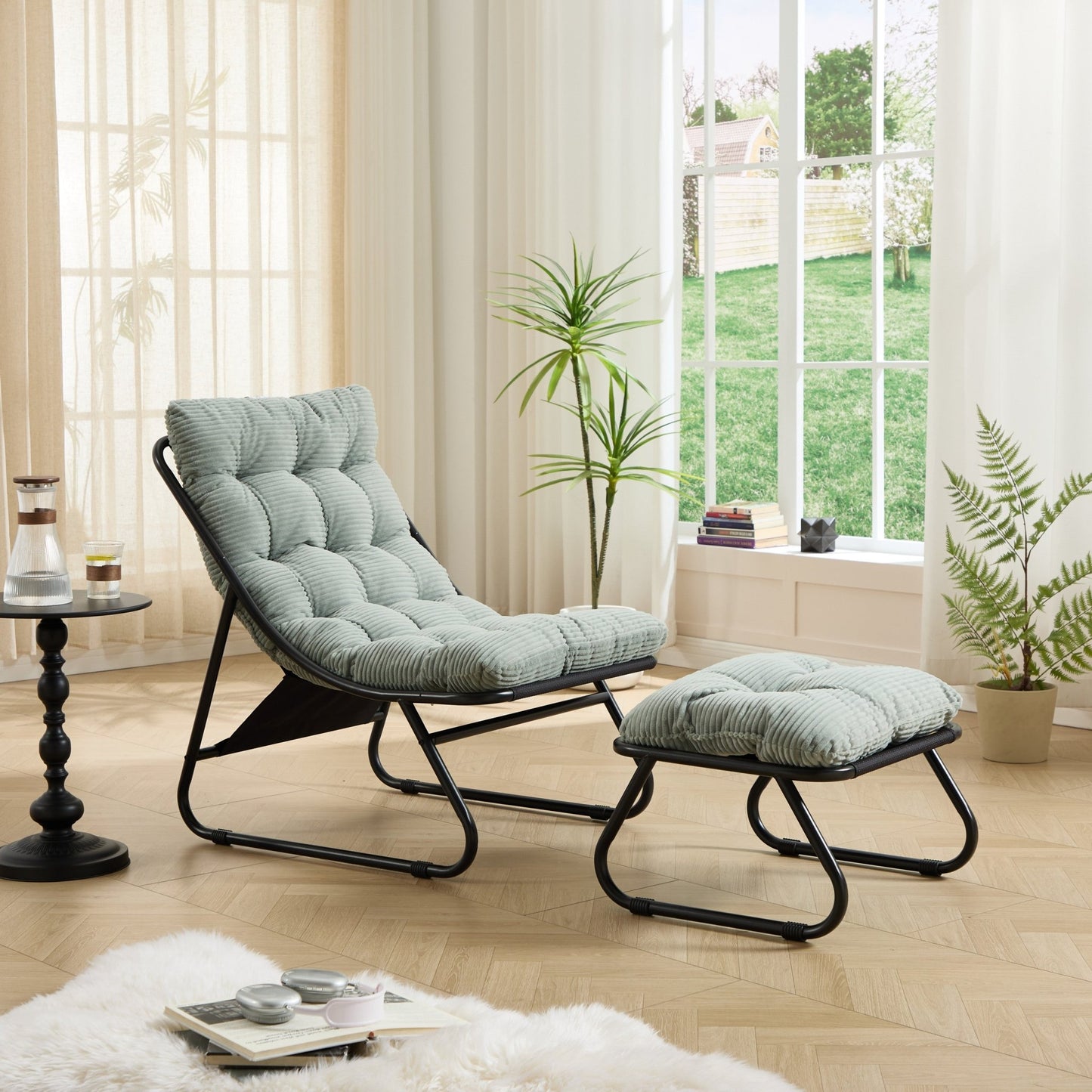 Patio Outdoor Lounge Chair with Ottoman, Comfy Sling Recliner Chair with Puffy Cushion and Foot Stool, Ideal for Living Room, Bedroom, Reading Room, Black frame with light green Cushion - 1st Choice Furniture Direct