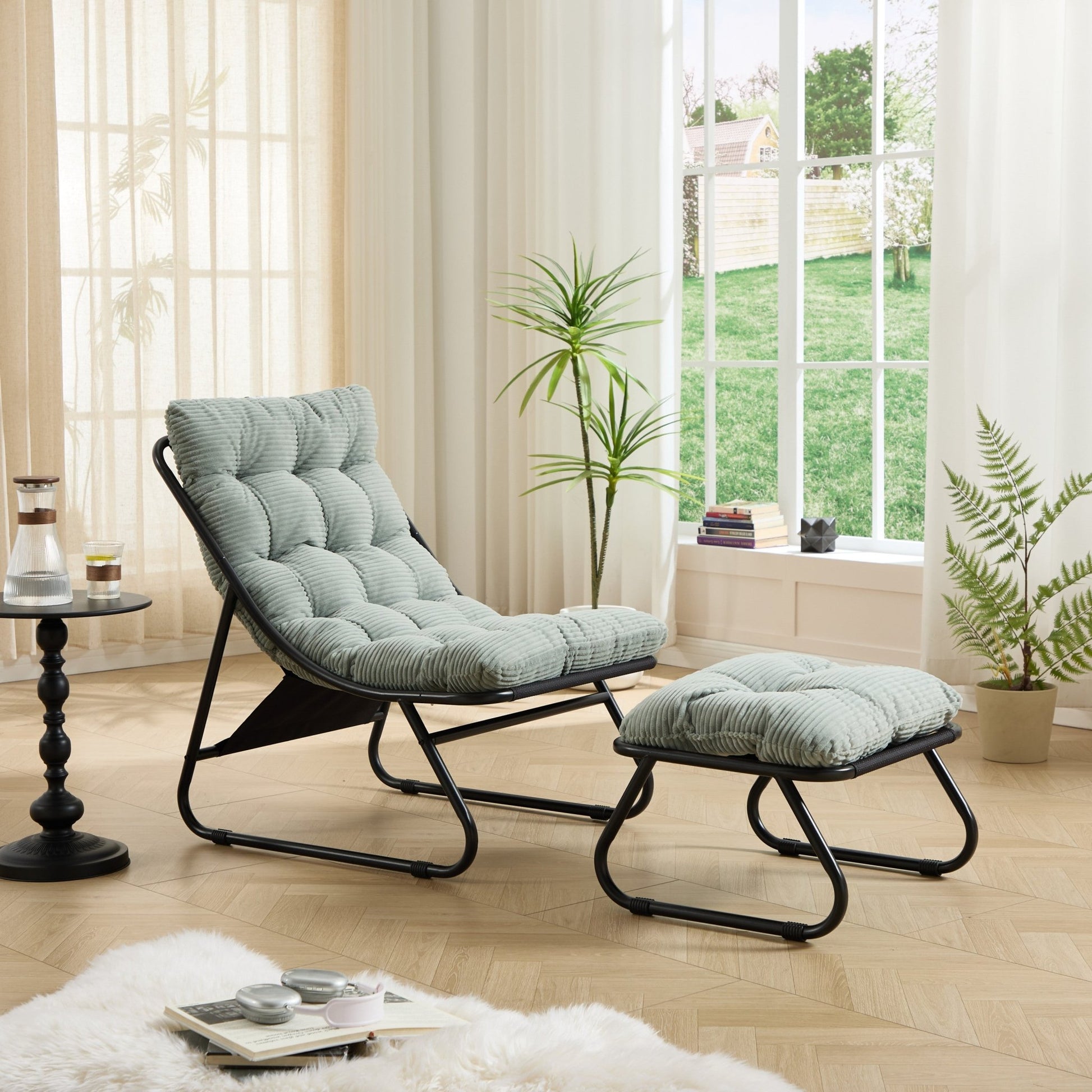Patio Outdoor Lounge Chair with Ottoman, Comfy Sling Recliner Chair with Puffy Cushion and Foot Stool, Ideal for Living Room, Bedroom, Reading Room, Black frame with light green Cushion - 1st Choice Furniture Direct