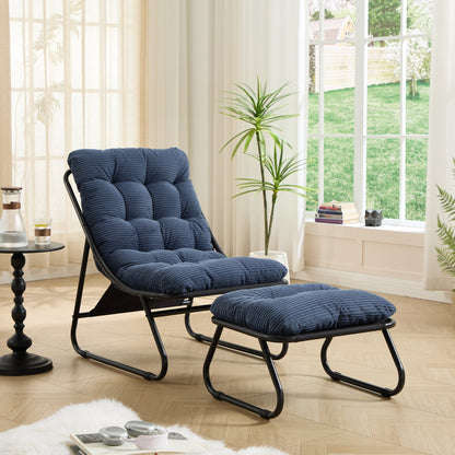 Patio Outdoor Lounge Chair with Ottoman, Comfy Sling Recliner Chair with Puffy Cushion and Foot Stool, Ideal for Living Room, Bedroom, Reading Room, Black frame with navy blue cushion - 1st Choice Furniture Direct