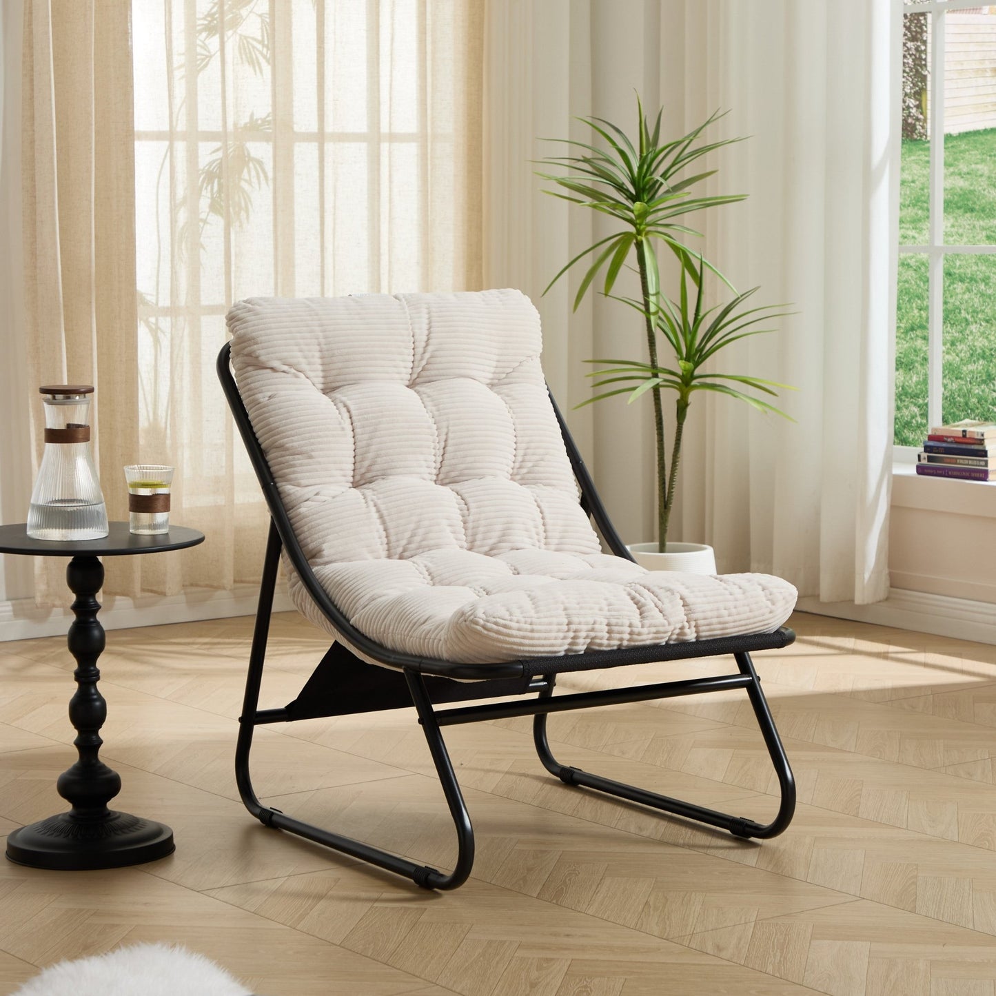 Patio Outdoor Lounge Chair with Ottoman, Comfy Sling Recliner Chair with Puffy Cushion and Foot Stool, Ideal for Living Room, Bedroom, Reading Room, Black frame with white cushion - 1st Choice Furniture Direct