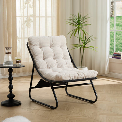 Patio Outdoor Lounge Chair with Ottoman, Comfy Sling Recliner Chair with Puffy Cushion and Foot Stool, Ideal for Living Room, Bedroom, Reading Room, Black frame with white cushion - 1st Choice Furniture Direct