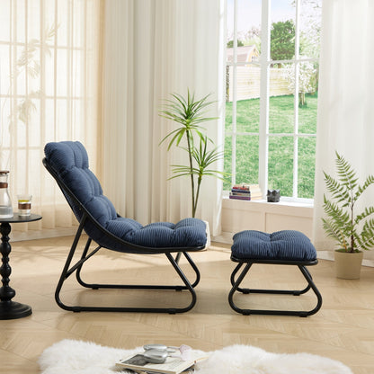 Patio Outdoor Lounge Chair with Ottoman, Comfy Sling Recliner Chair with Puffy Cushion and Foot Stool, Ideal for Living Room, Bedroom, Reading Room, Black frame with navy blue cushion - 1st Choice Furniture Direct