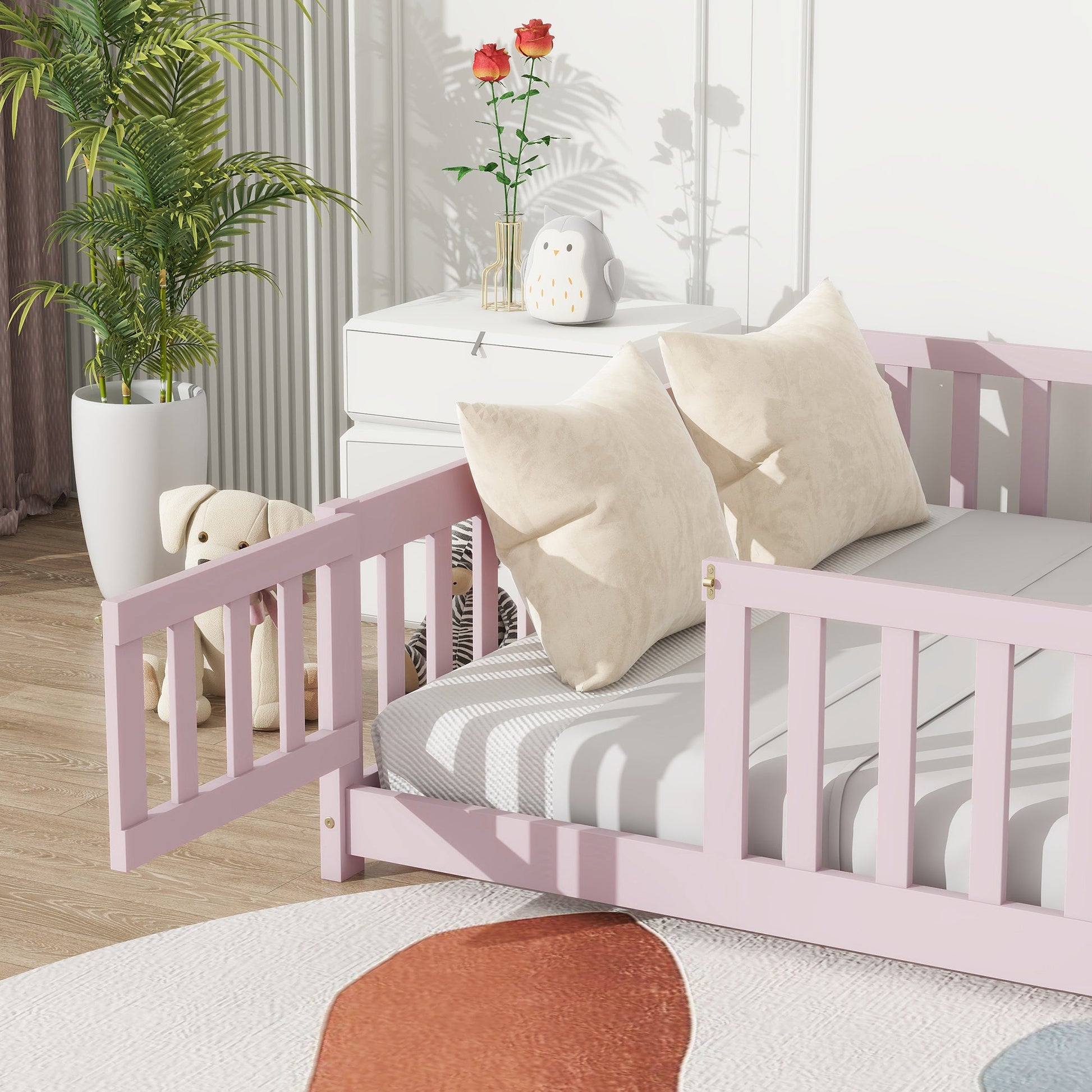 Pink Full Size Montessori Floor Bed with Fence and Door - 1st Choice Furniture Direct