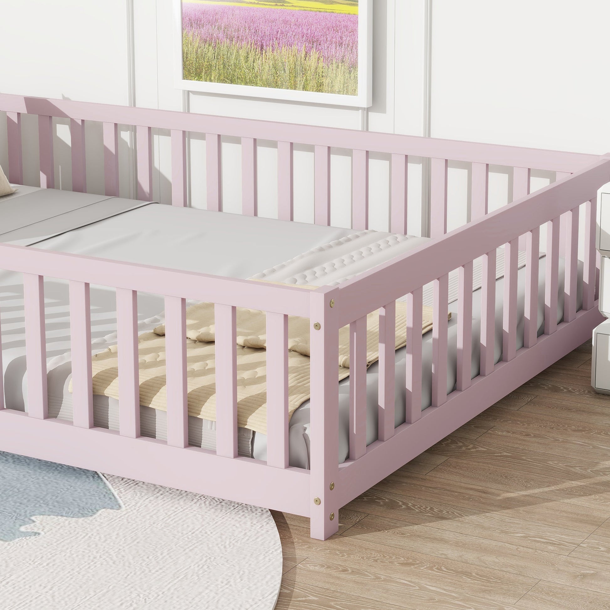 Pink Full Size Montessori Floor Bed with Fence and Door - 1st Choice Furniture Direct