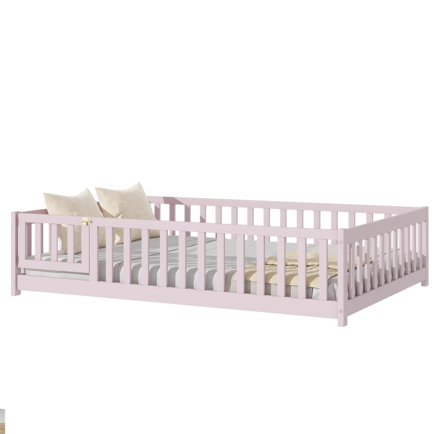 Pink Full Size Montessori Floor Bed with Fence and Door - 1st Choice Furniture Direct