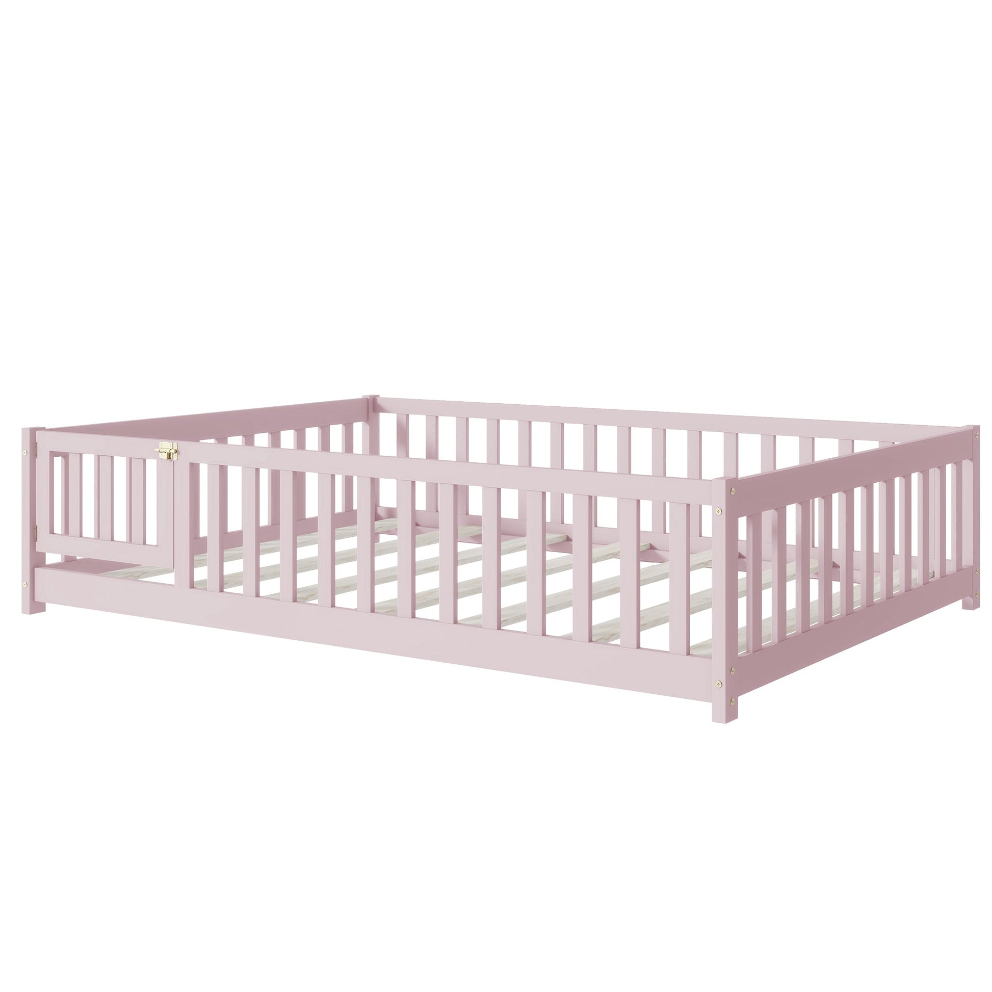 Pink Full Size Montessori Floor Bed with Fence and Door - 1st Choice Furniture Direct