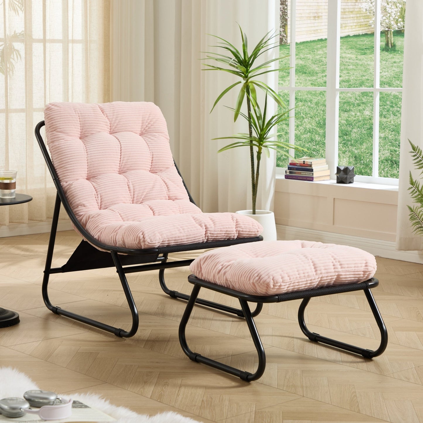 Pink Outdoor Lounge Chair with Ottoman & Cushions - 1st Choice Furniture Direct