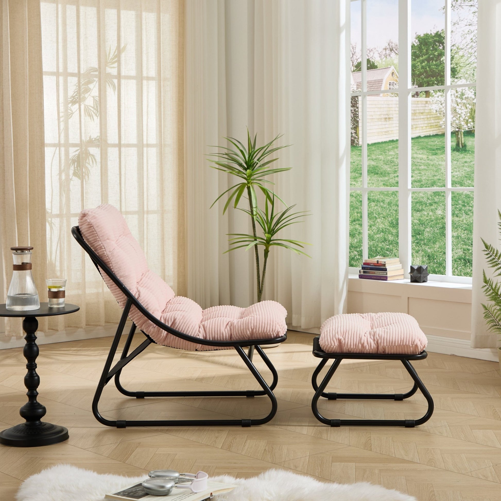 Pink Outdoor Lounge Chair with Ottoman & Cushions - 1st Choice Furniture Direct