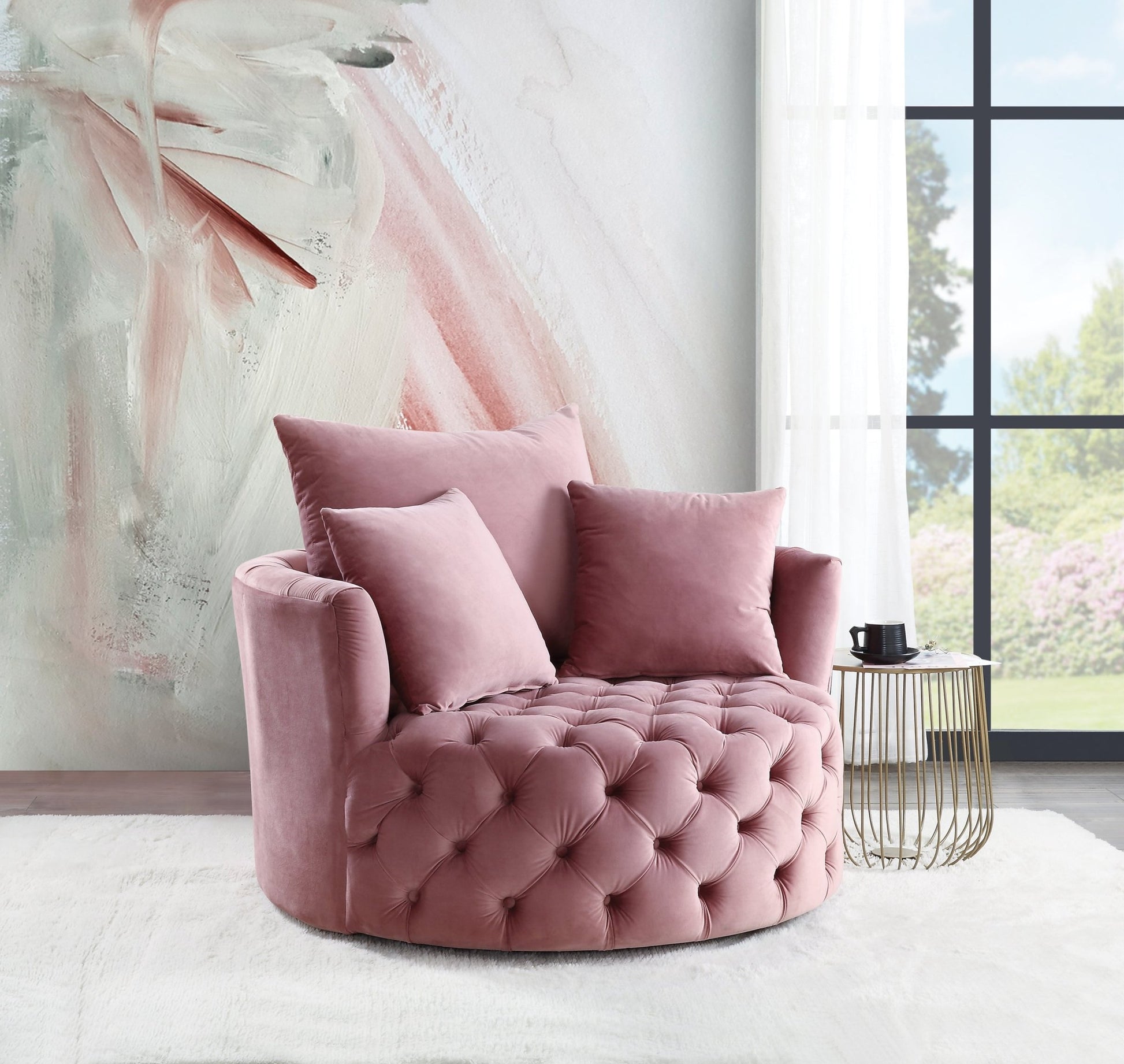 Pink Velvet Swivel Accent Chair with Button Tufting & Pillows - 1st Choice Furniture Direct