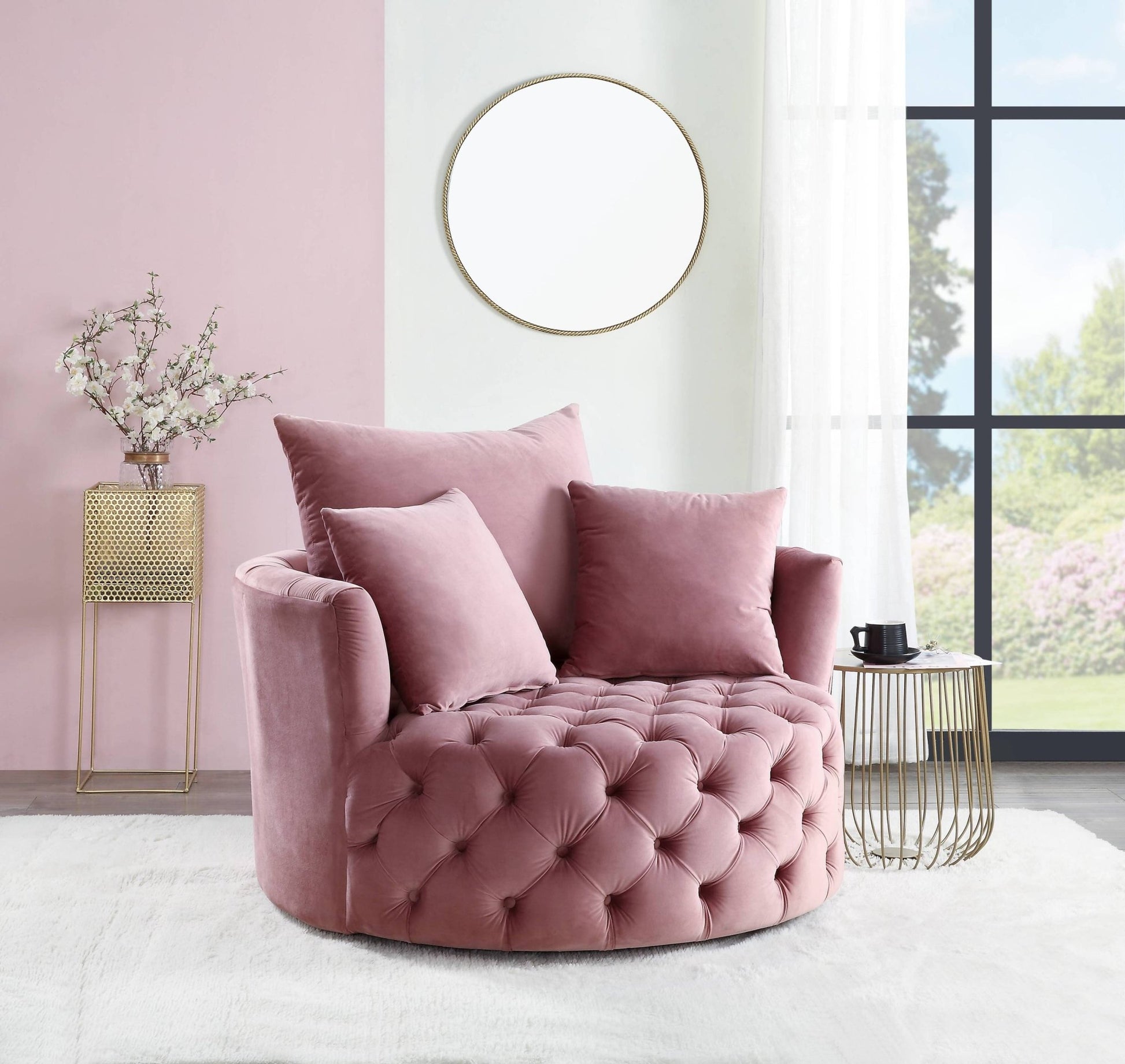 Pink Velvet Swivel Accent Chair with Button Tufting & Pillows - 1st Choice Furniture Direct
