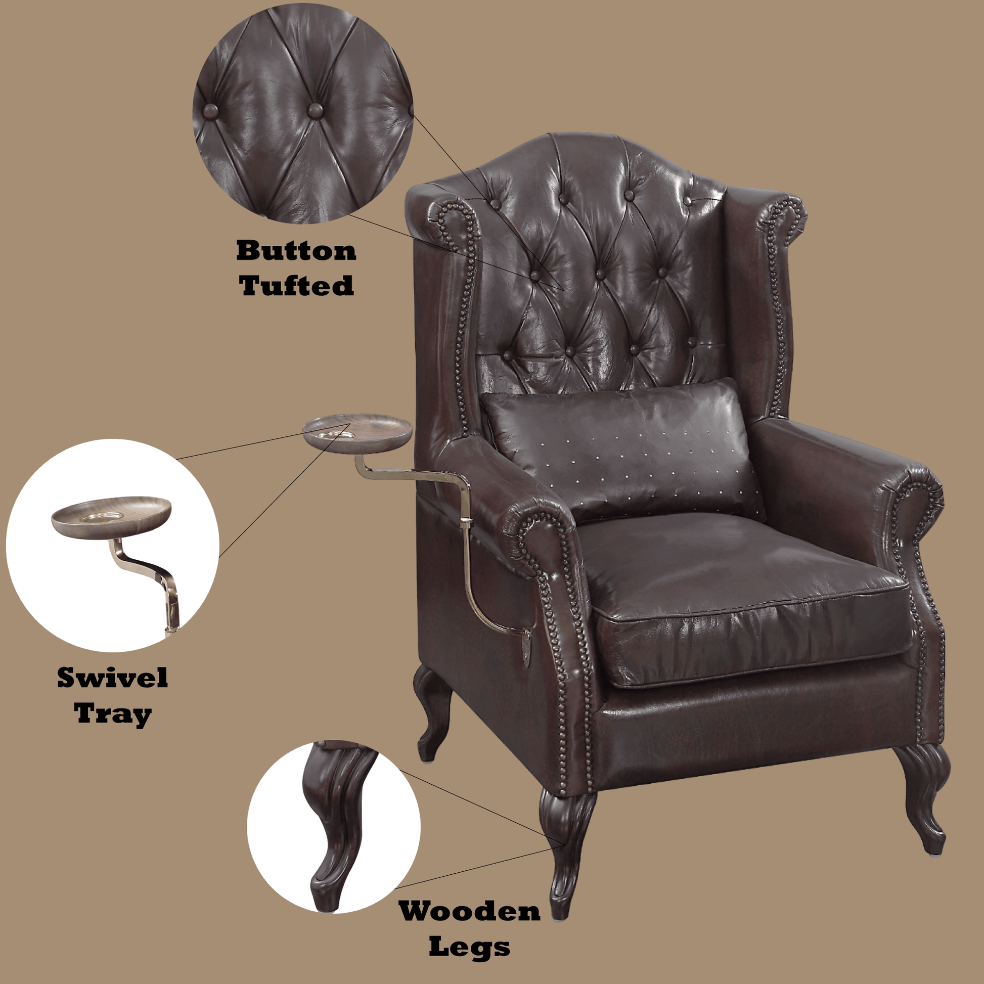 Pino Vintage Brown Top Grain Leather Accent Chair with 1 Toss Pillow - 1st Choice Furniture Direct
