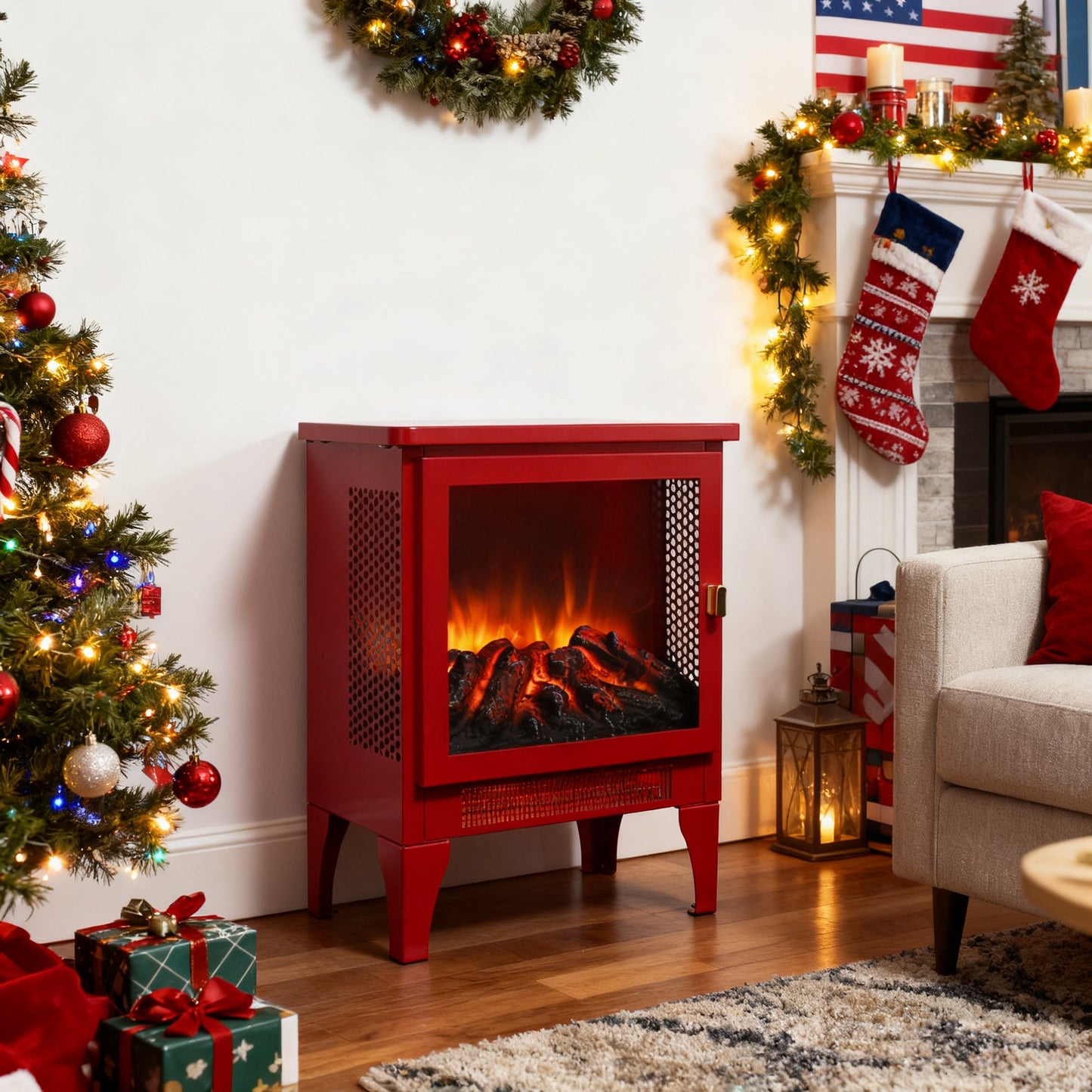 Portable Red Electric Fireplace Heater with 3-Sided Flame View - 1st Choice Furniture Direct