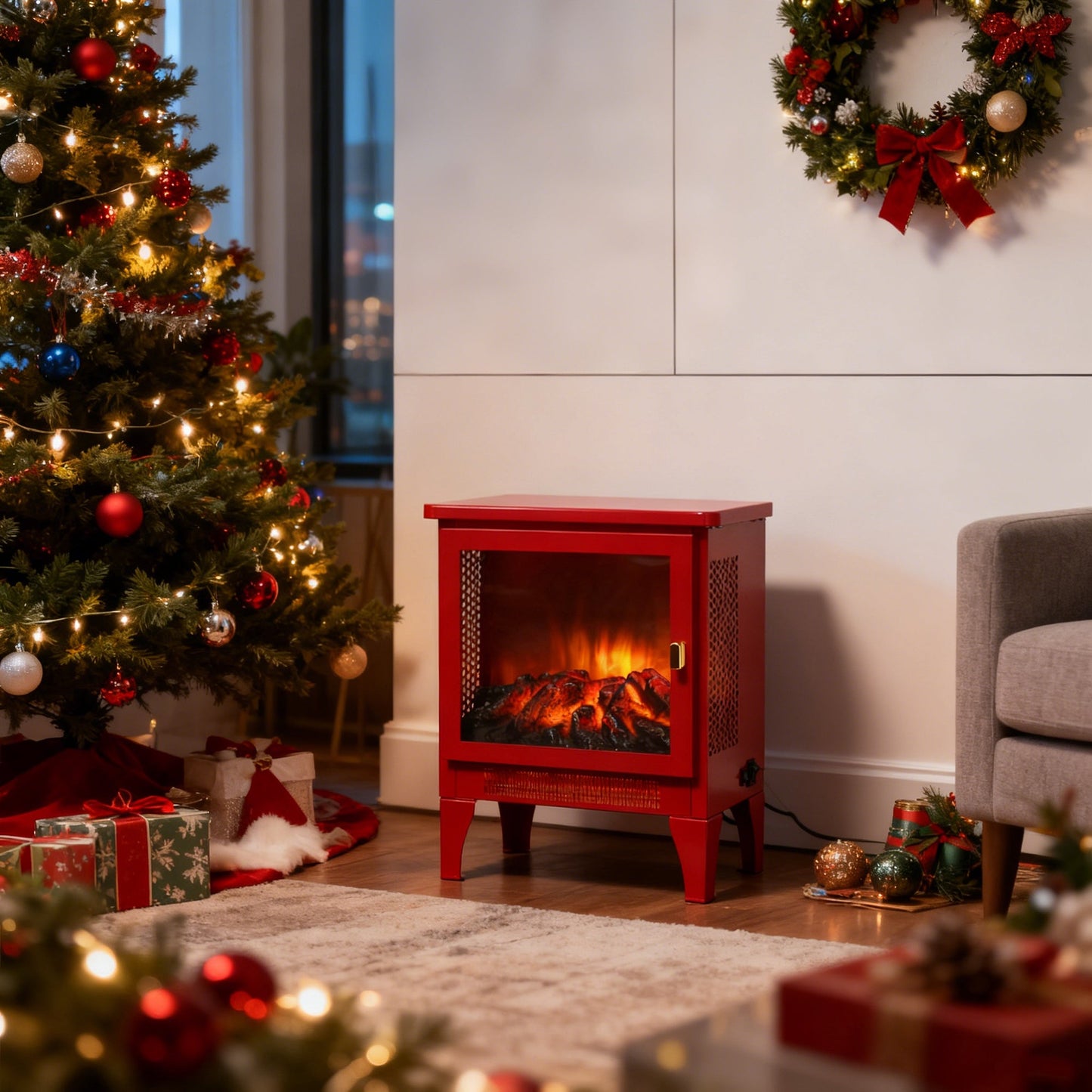 Portable Red Electric Fireplace Heater with 3-Sided Flame View - 1st Choice Furniture Direct