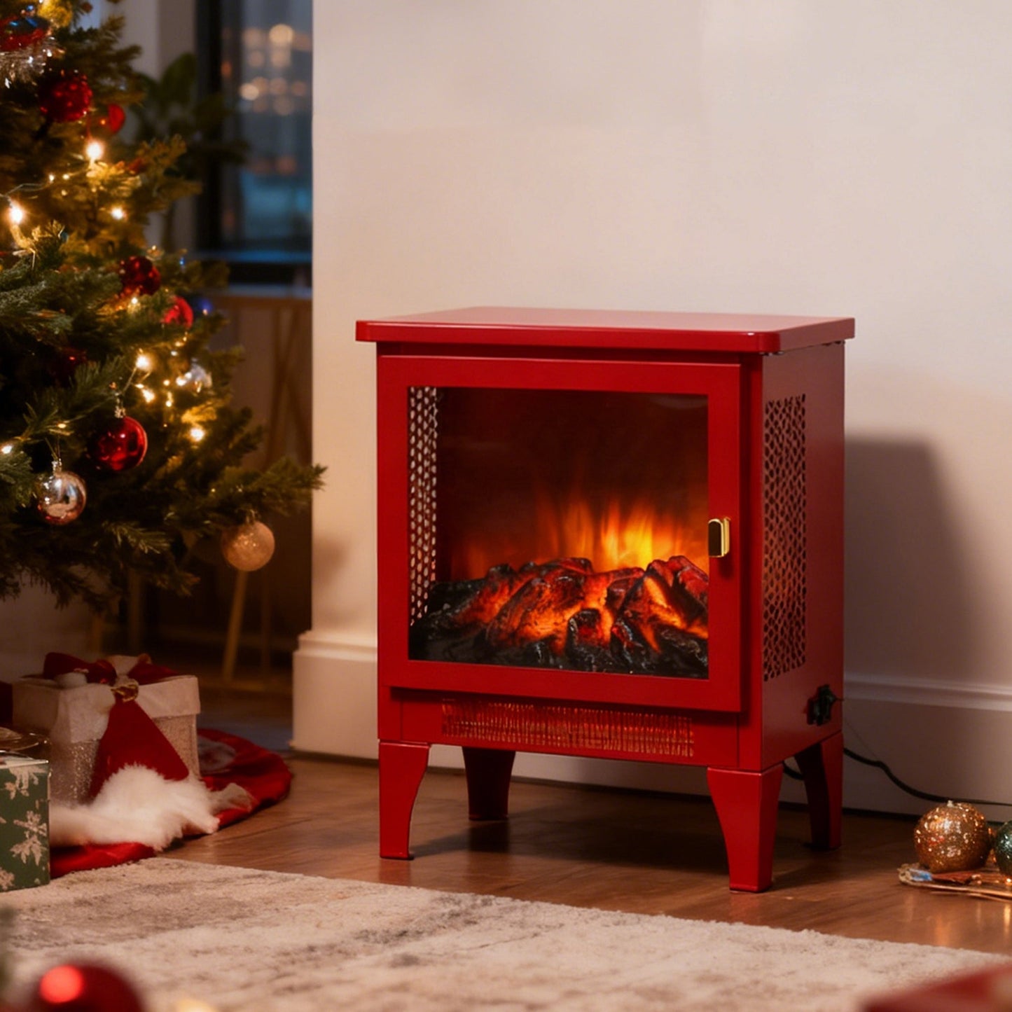 Portable Red Electric Fireplace Heater with 3-Sided Flame View - 1st Choice Furniture Direct