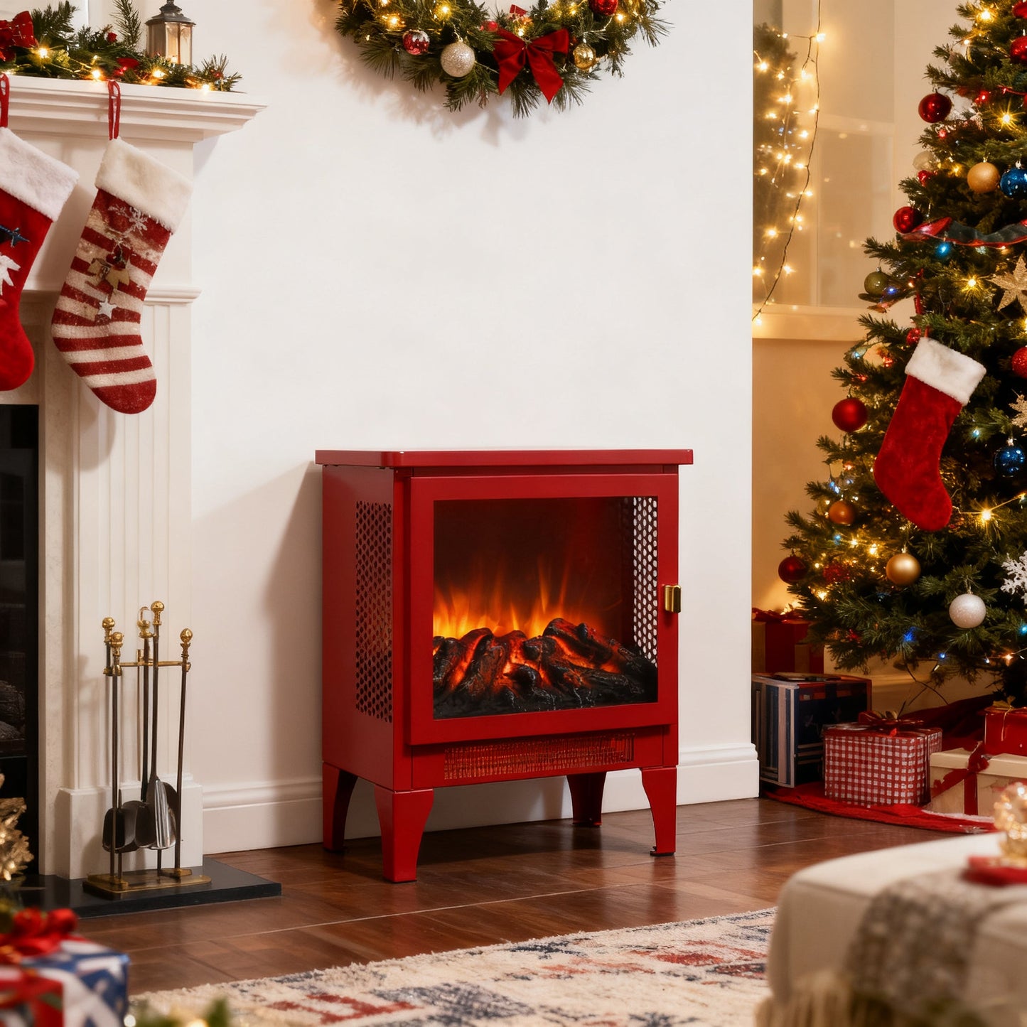 Portable Red Electric Fireplace Heater with 3-Sided Flame View - 1st Choice Furniture Direct