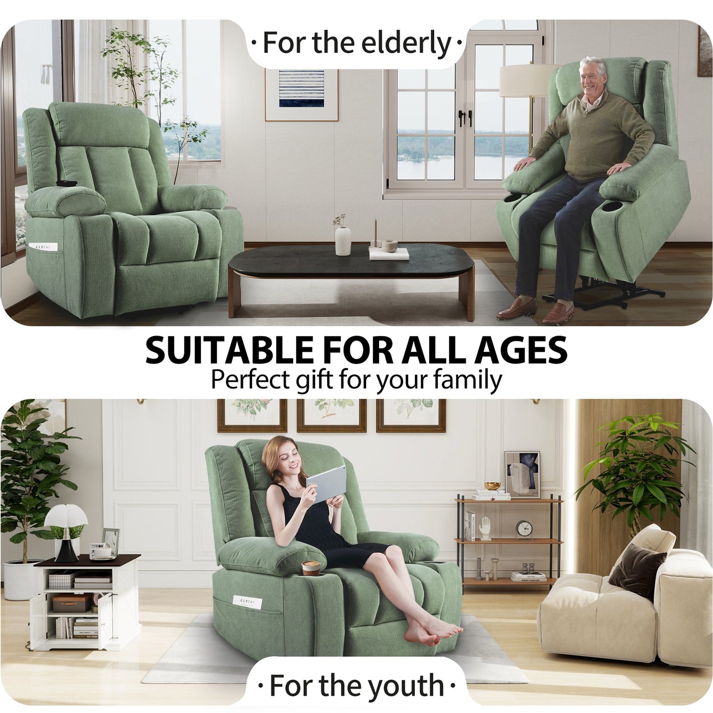 Power Lift Recliner Chair for Elderly,Fabric Lift Chairs for Living Room w/ Extended Footrest,Classic Single Sofa,Home Theater Seating with 2 Cup Holders,Side Pockets,Remote Control(Dark Green) - 1st Choice Furniture Direct
