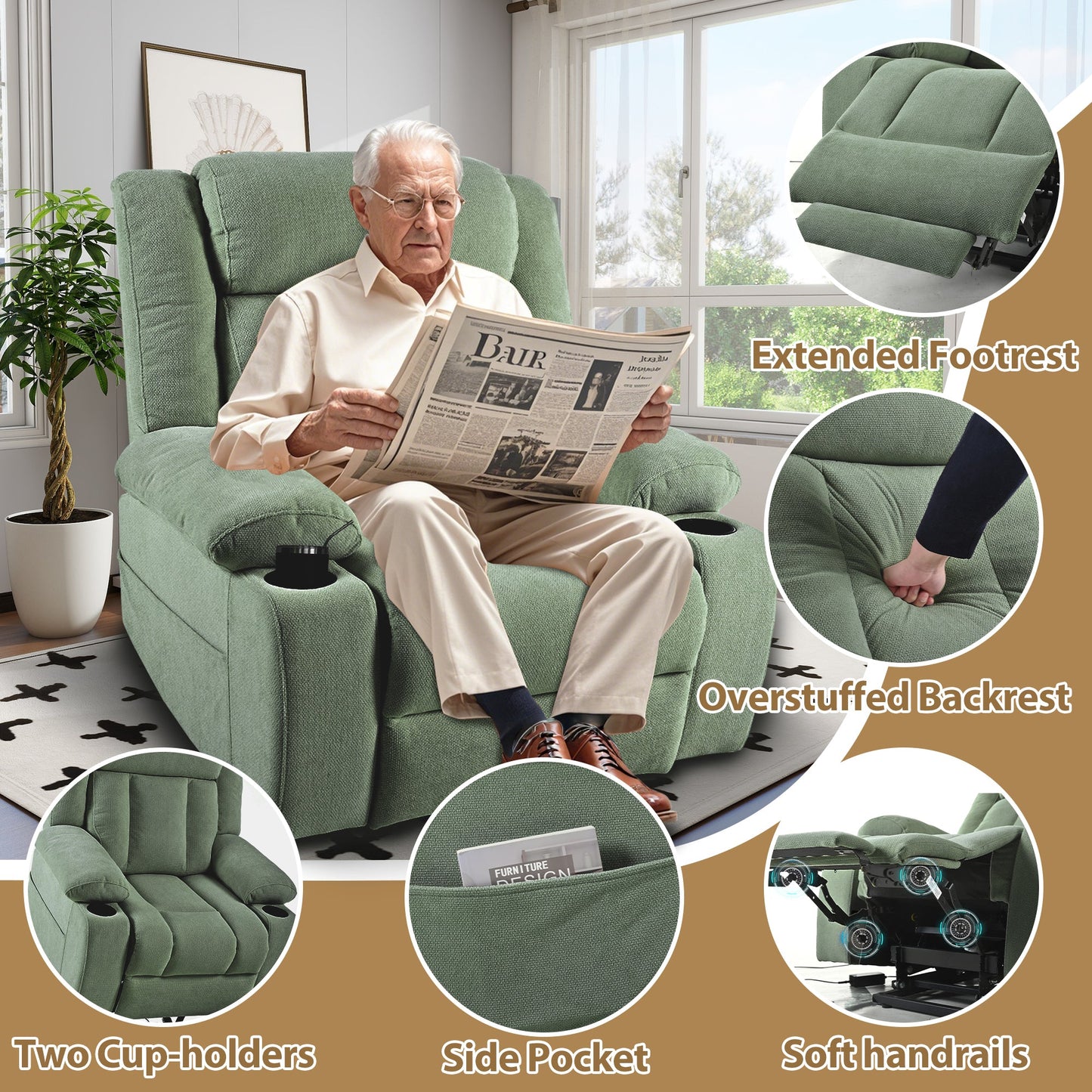 Power Lift Recliner Chair for Elderly,Fabric Lift Chairs for Living Room w/ Extended Footrest,Classic Single Sofa,Home Theater Seating with 2 Cup Holders,Side Pockets,Remote Control(Dark Green) - 1st Choice Furniture Direct