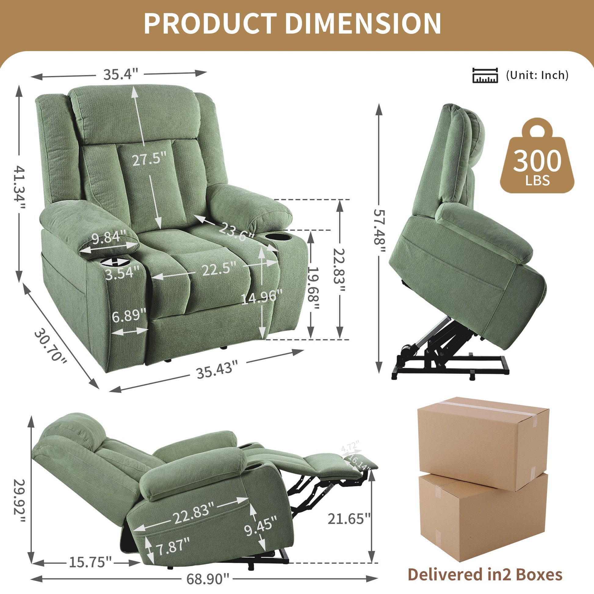 Power Lift Recliner Chair for Elderly,Fabric Lift Chairs for Living Room w/ Extended Footrest,Classic Single Sofa,Home Theater Seating with 2 Cup Holders,Side Pockets,Remote Control(Dark Green) - 1st Choice Furniture Direct