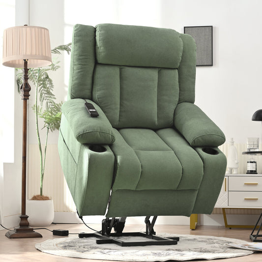 Power Lift Recliner Chair for Elderly,Fabric Lift Chairs for Living Room w/ Extended Footrest,Classic Single Sofa,Home Theater Seating with 2 Cup Holders,Side Pockets,Remote Control(Dark Green) - 1st Choice Furniture Direct