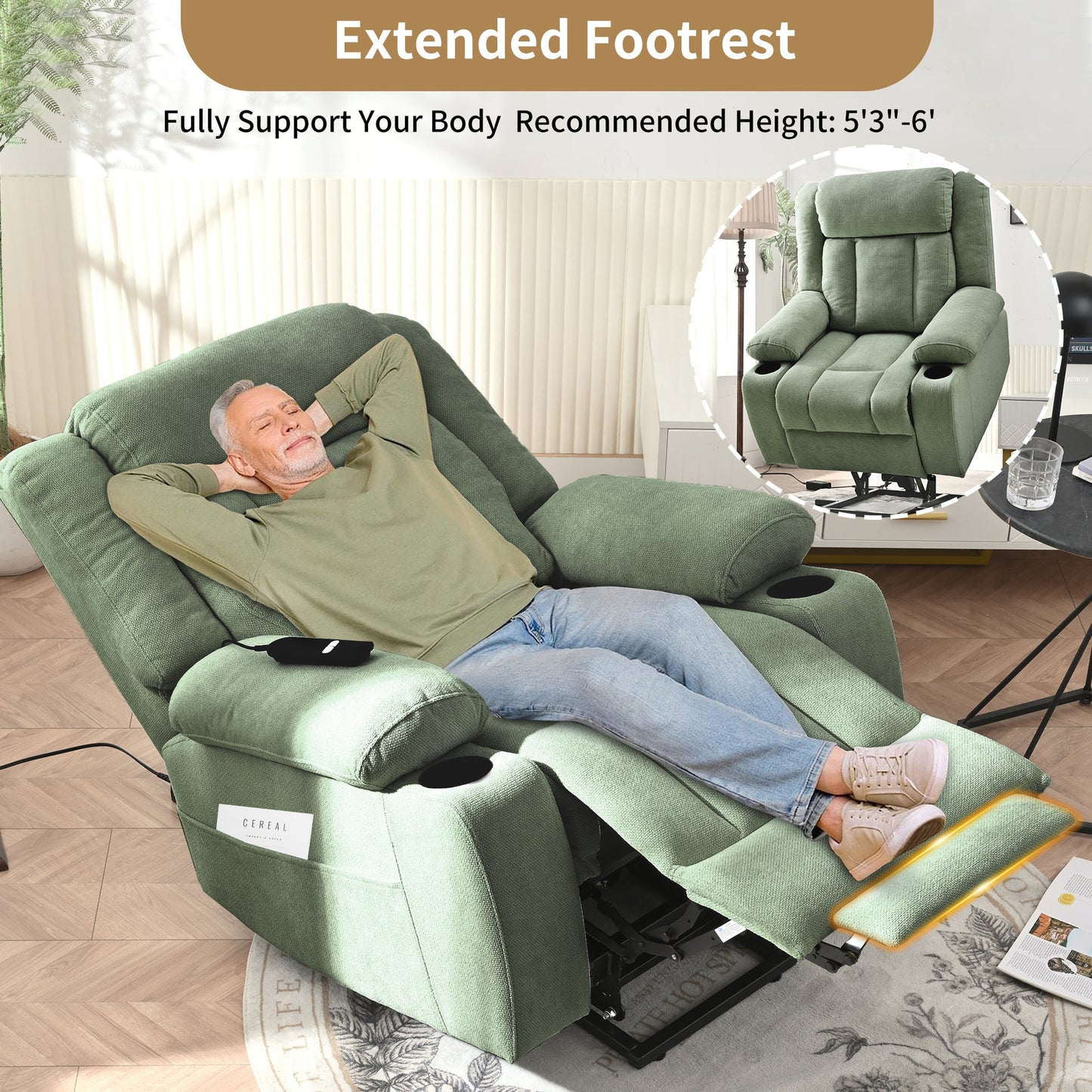 Power Lift Recliner Chair for Elderly,Fabric Lift Chairs for Living Room w/ Extended Footrest,Classic Single Sofa,Home Theater Seating with 2 Cup Holders,Side Pockets,Remote Control(Dark Green) - 1st Choice Furniture Direct