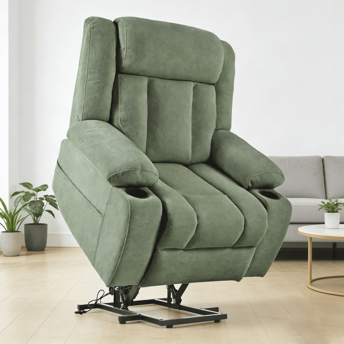 Power Lift Recliner Chair for Elderly,Fabric Lift Chairs for Living Room w/ Extended Footrest,Classic Single Sofa,Home Theater Seating with 2 Cup Holders,Side Pockets,Remote Control(Dark Green) - 1st Choice Furniture Direct
