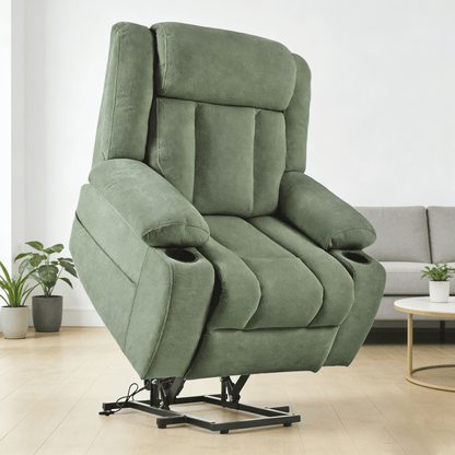 Power Lift Recliner Chair for Elderly,Fabric Lift Chairs for Living Room w/ Extended Footrest,Classic Single Sofa,Home Theater Seating with 2 Cup Holders,Side Pockets,Remote Control(Dark Green) - 1st Choice Furniture Direct