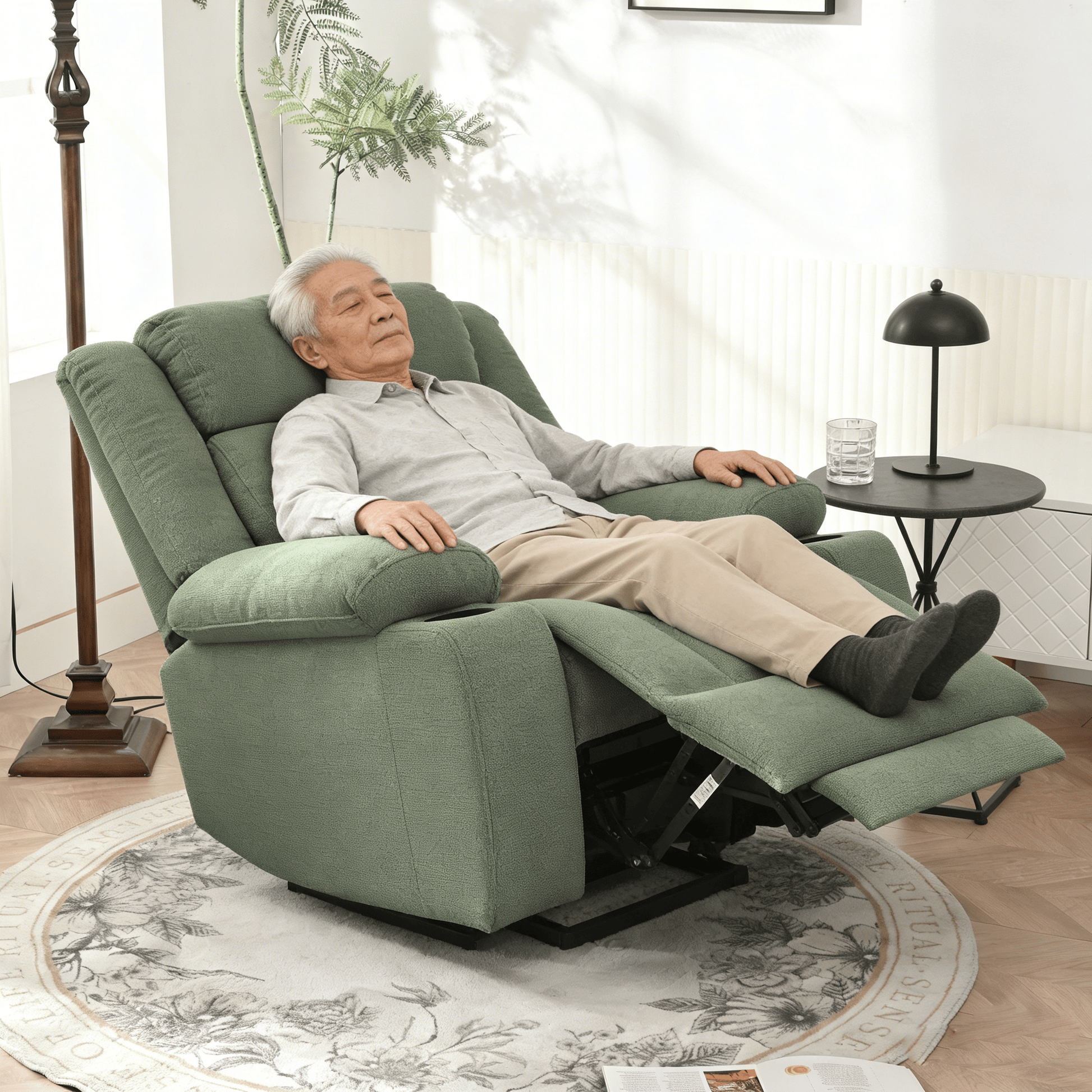 Power Lift Recliner Chair for Elderly,Fabric Lift Chairs for Living Room w/ Extended Footrest,Classic Single Sofa,Home Theater Seating with 2 Cup Holders,Side Pockets,Remote Control(Dark Green) - 1st Choice Furniture Direct