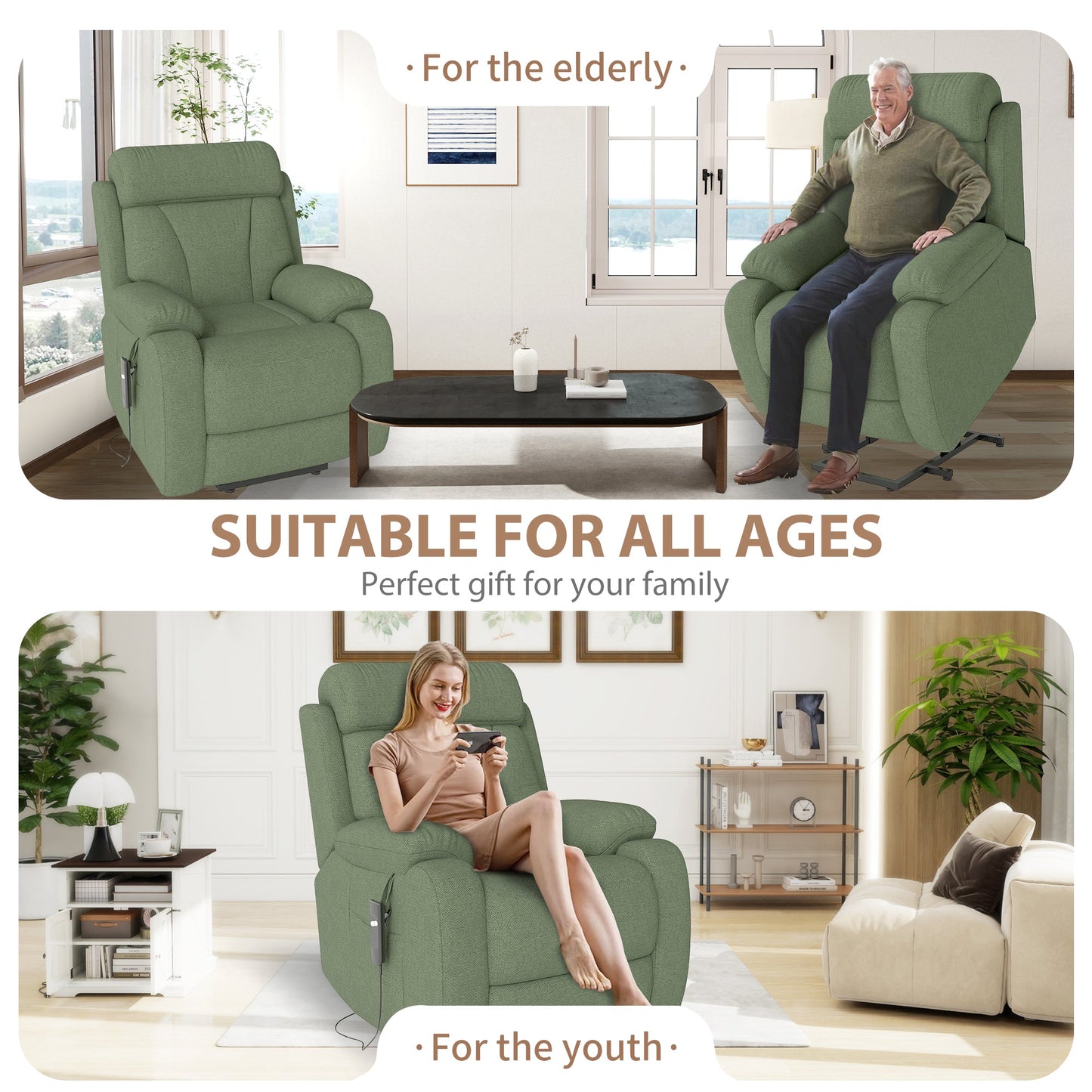 Power Lift Recliner for Elderly, Heavy Duty Lift Chair Recliners for Small Spaces, Electric Recliner Chairs for Seniors, Remote Control, Adjustable, Side Pocket (Dark Green+ Snowflake Velvet) - 1st Choice Furniture Direct