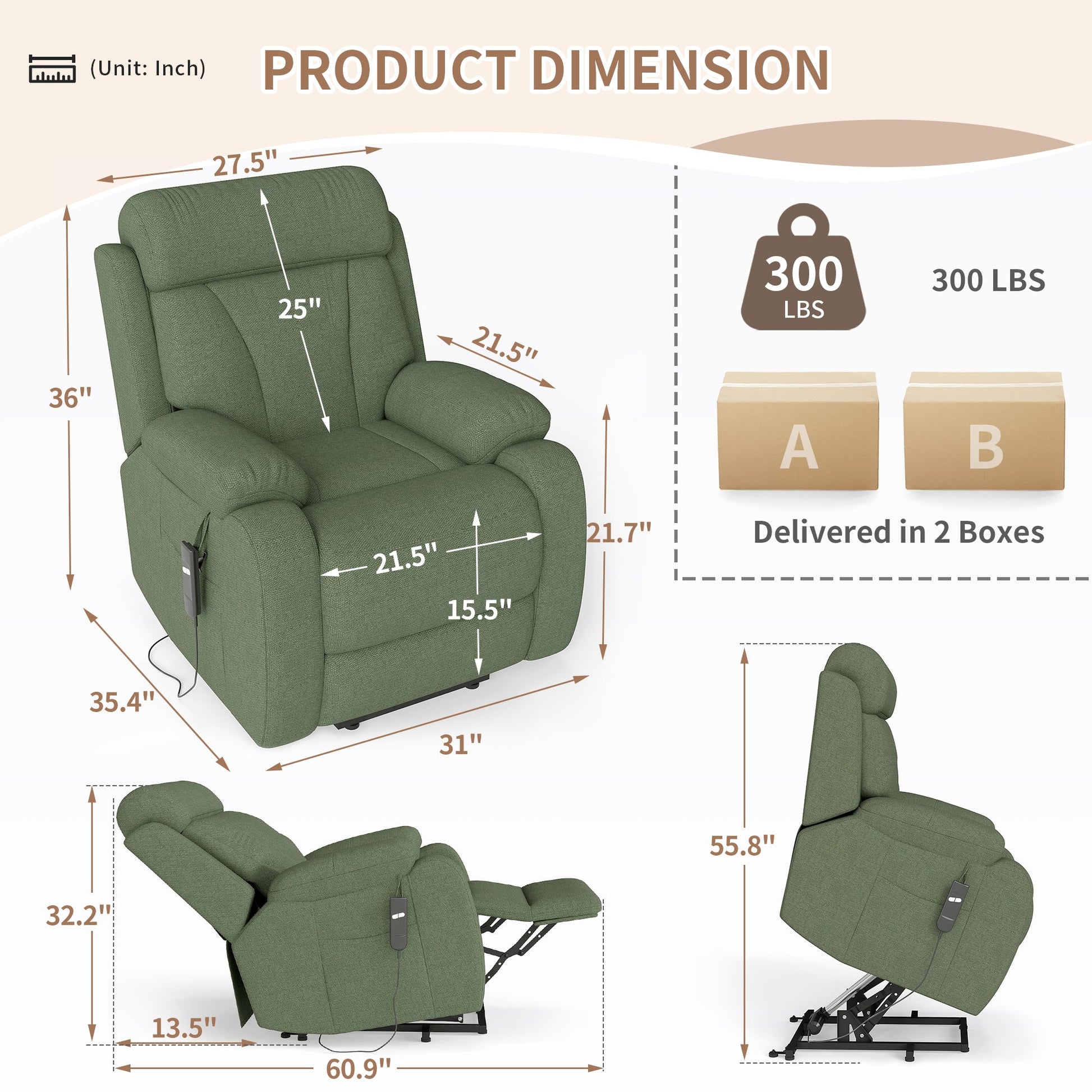 Power Lift Recliner for Elderly, Heavy Duty Lift Chair Recliners for Small Spaces, Electric Recliner Chairs for Seniors, Remote Control, Adjustable, Side Pocket (Dark Green+ Snowflake Velvet) - 1st Choice Furniture Direct