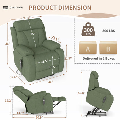 Power Lift Recliner for Elderly, Heavy Duty Lift Chair Recliners for Small Spaces, Electric Recliner Chairs for Seniors, Remote Control, Adjustable, Side Pocket (Dark Green+ Snowflake Velvet) - 1st Choice Furniture Direct