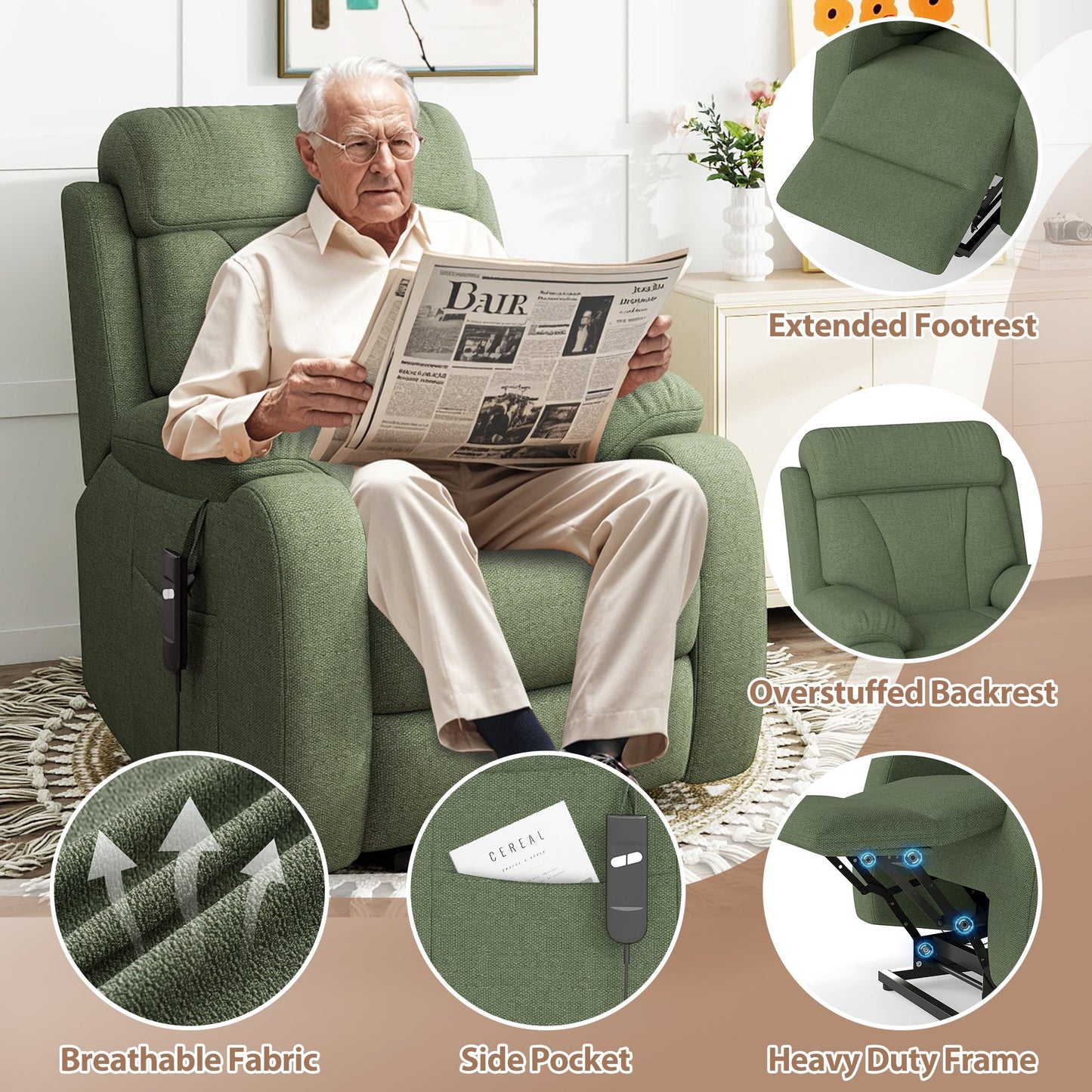 Power Lift Recliner for Elderly, Heavy Duty Lift Chair Recliners for Small Spaces, Electric Recliner Chairs for Seniors, Remote Control, Adjustable, Side Pocket (Dark Green+ Snowflake Velvet) - 1st Choice Furniture Direct